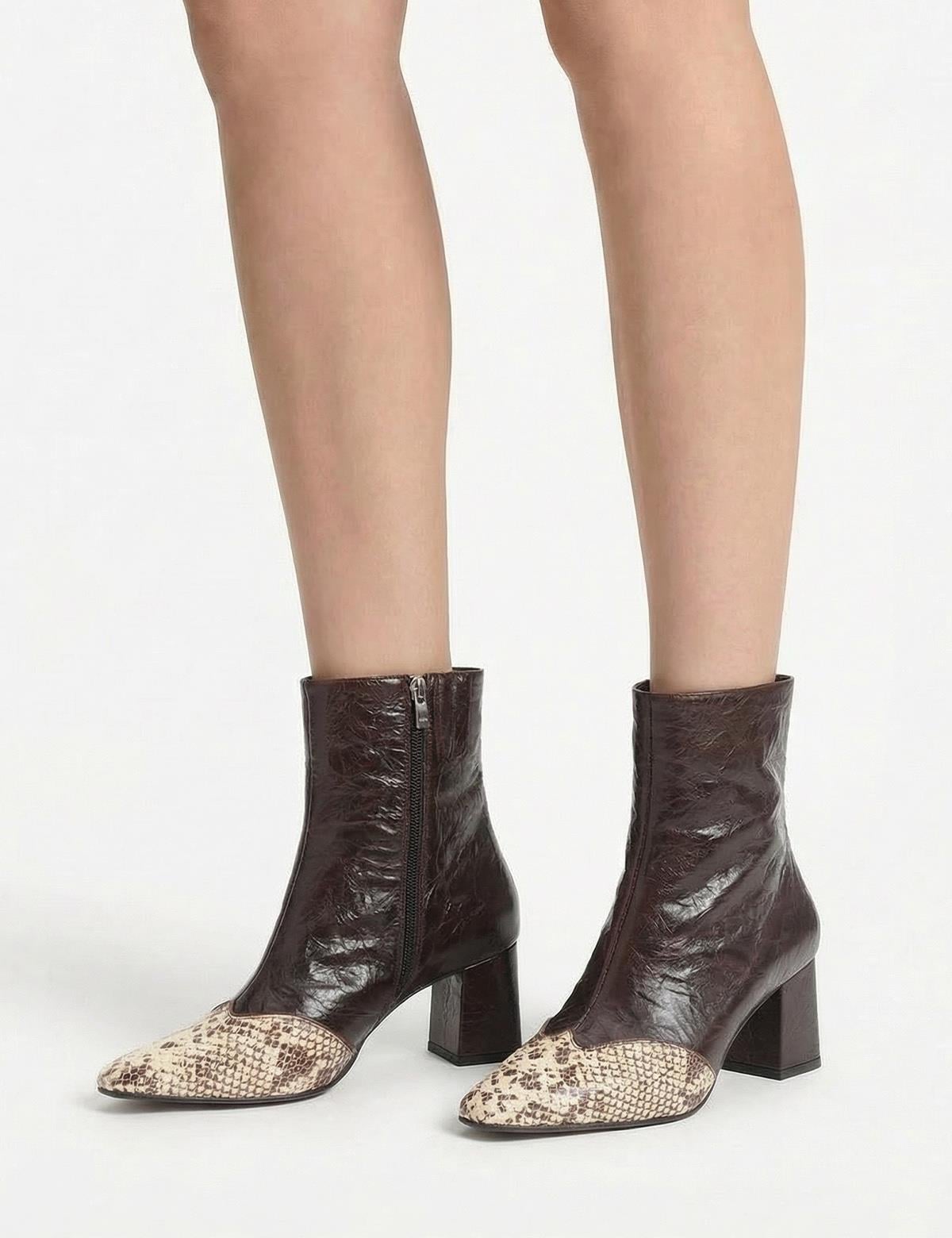 Fliy Brown Leather Snake Women's Heeled Boot