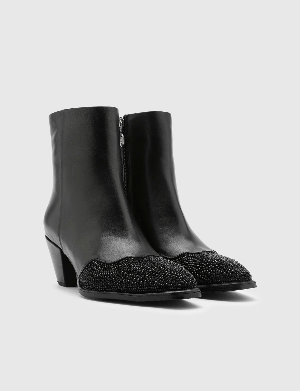 Franny Black Suede Leather Women's Heeled Boot with Stones