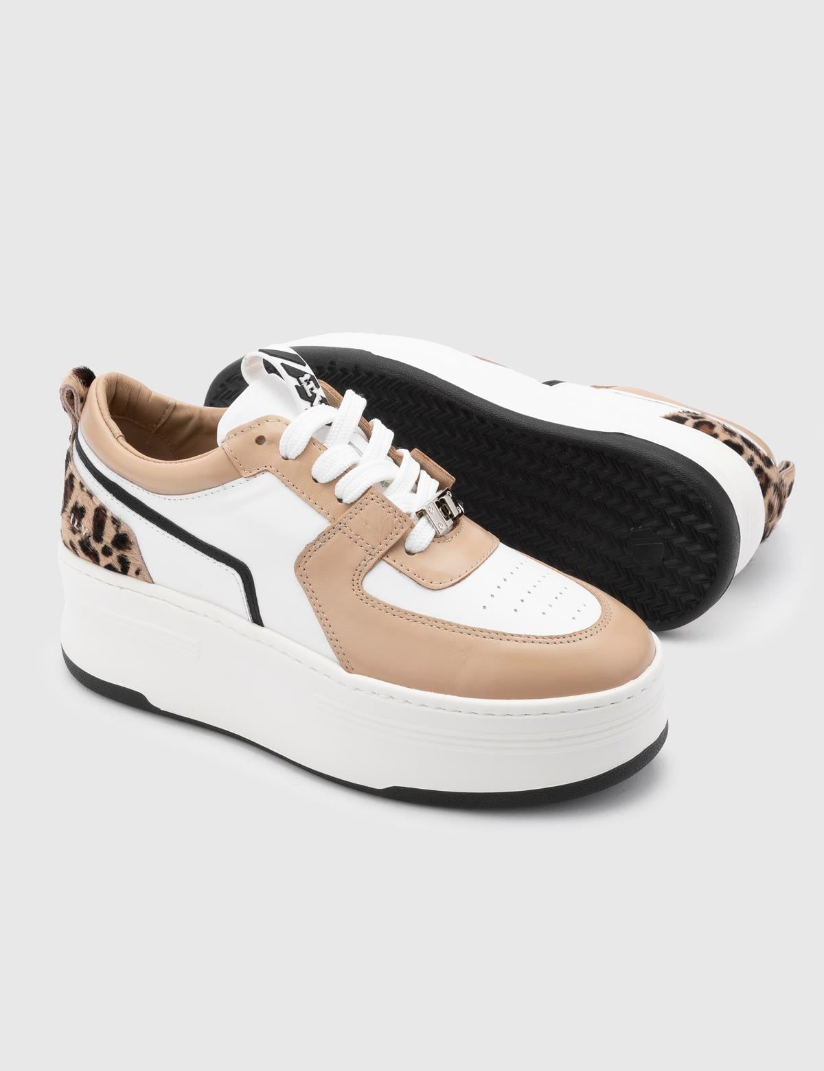 Kato Beige Leather Women's Sneaker with Foal Fur