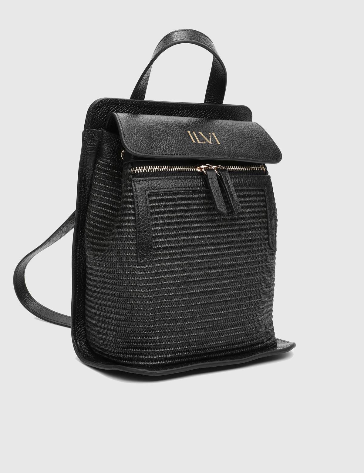 Mathis Black Leather Straw Women's Backpack