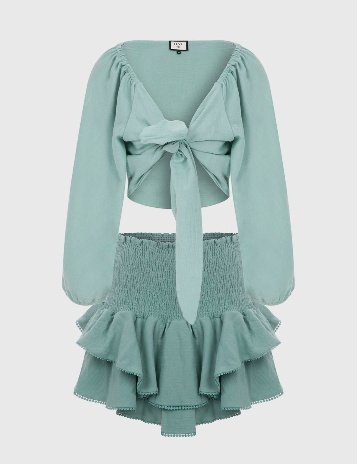 Melena Green Women's Crop Blouse and Skirt Set