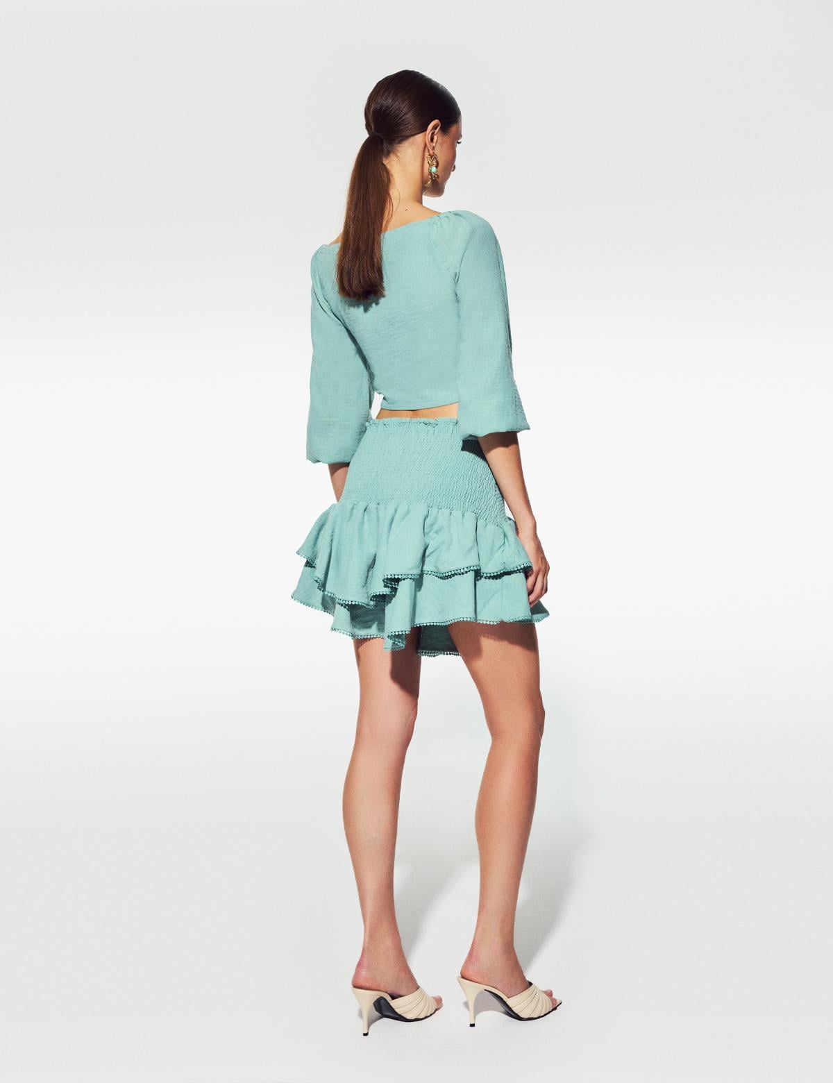 Melena Green Women's Crop Blouse and Skirt Set