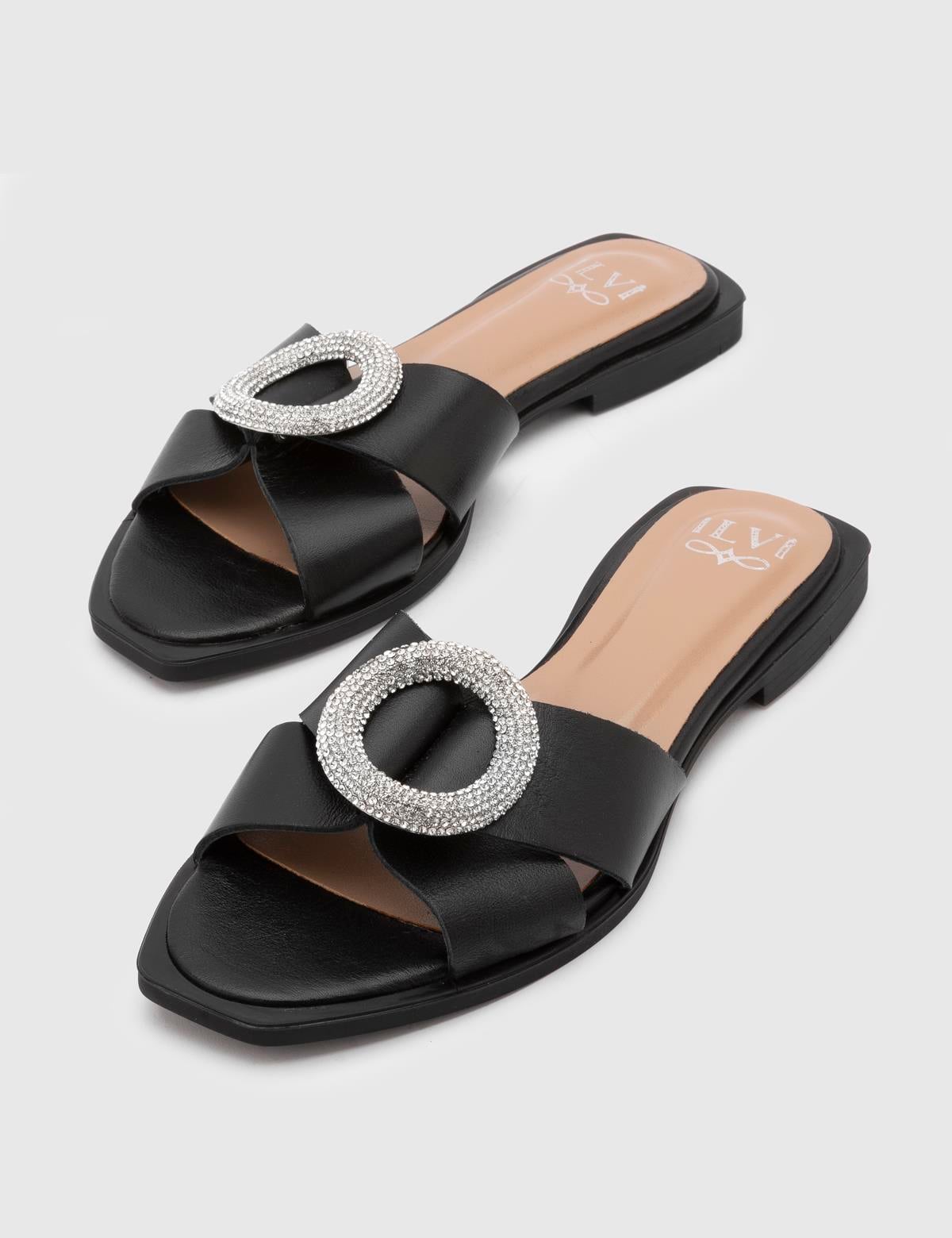 Minato Black Leather Women's Slide