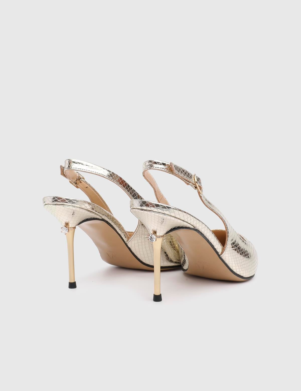 Panya Gold Leather Women's Heeled Sandal with Snake Print