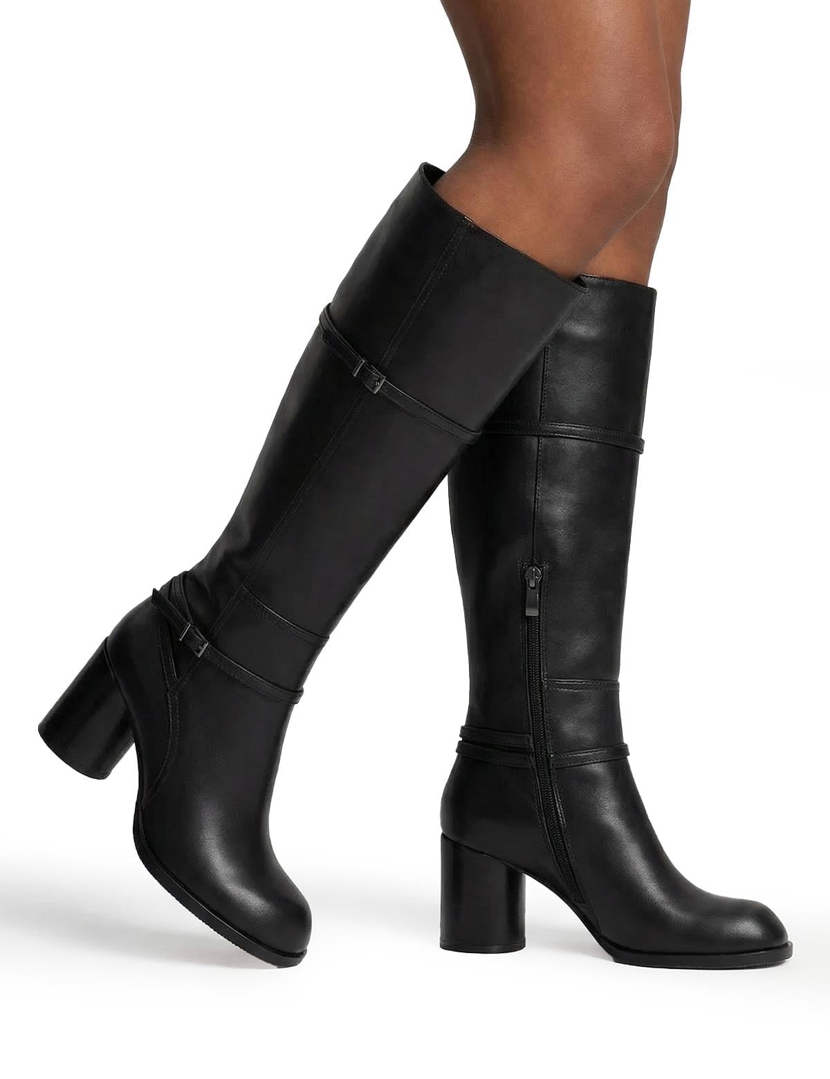Perite Black Leather Women's Heeled High Boot