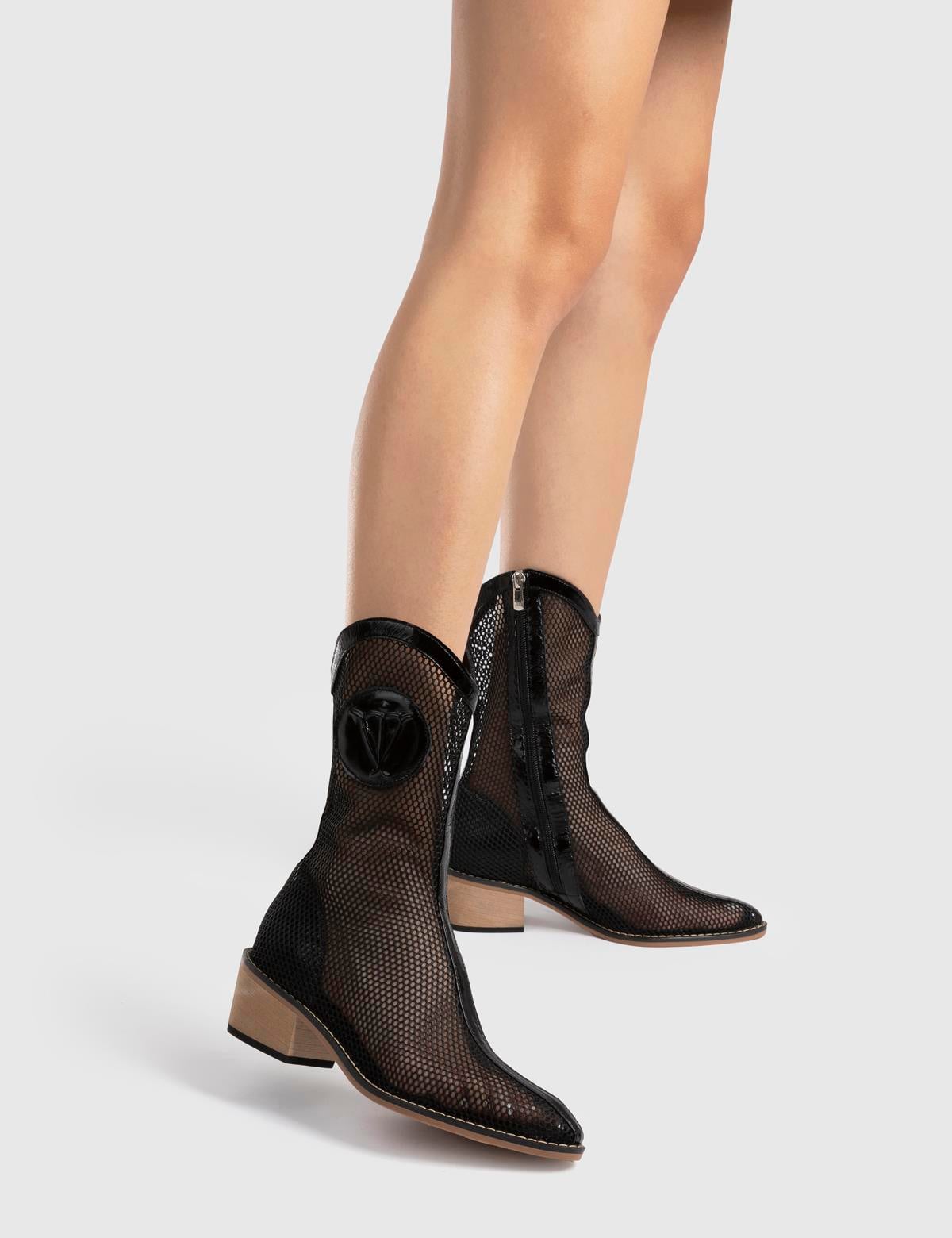 Reijo Black Patent Leather-Mesh Women's Heeled Boot