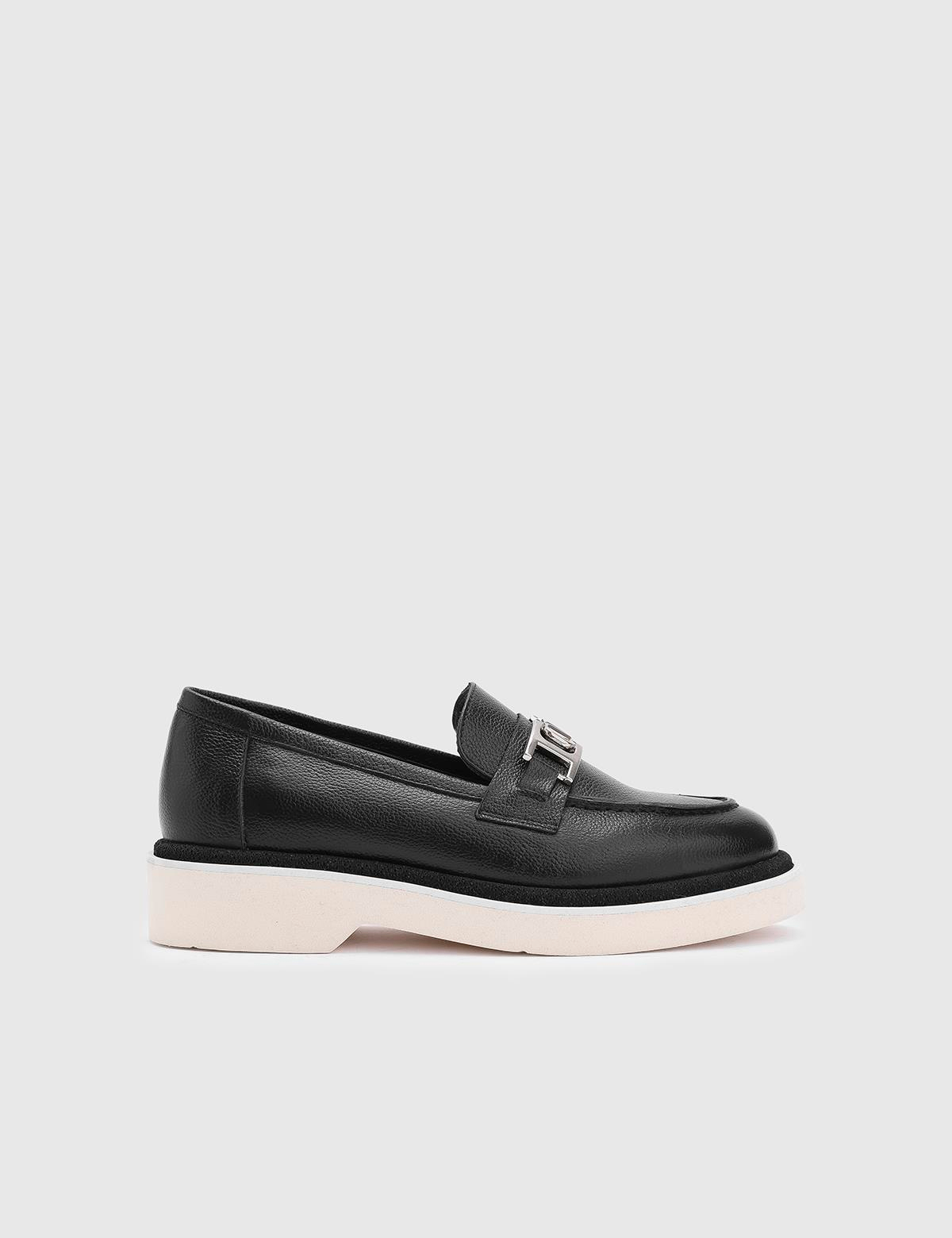 Taja Hakiki Deri Kadın Siyah Loafer Ayakkabı