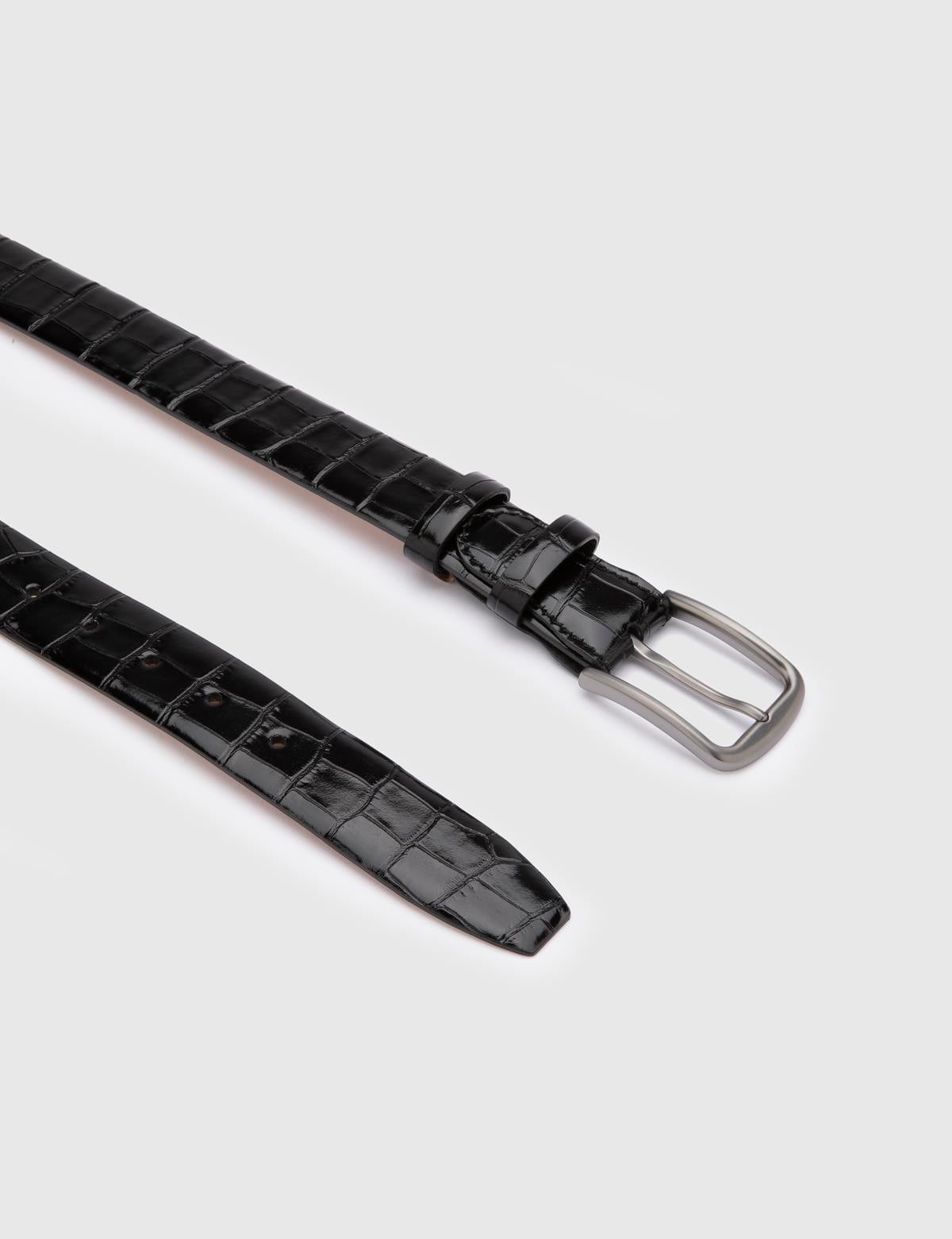 Tucker Black Leather Men's Belt with Crocodile Print