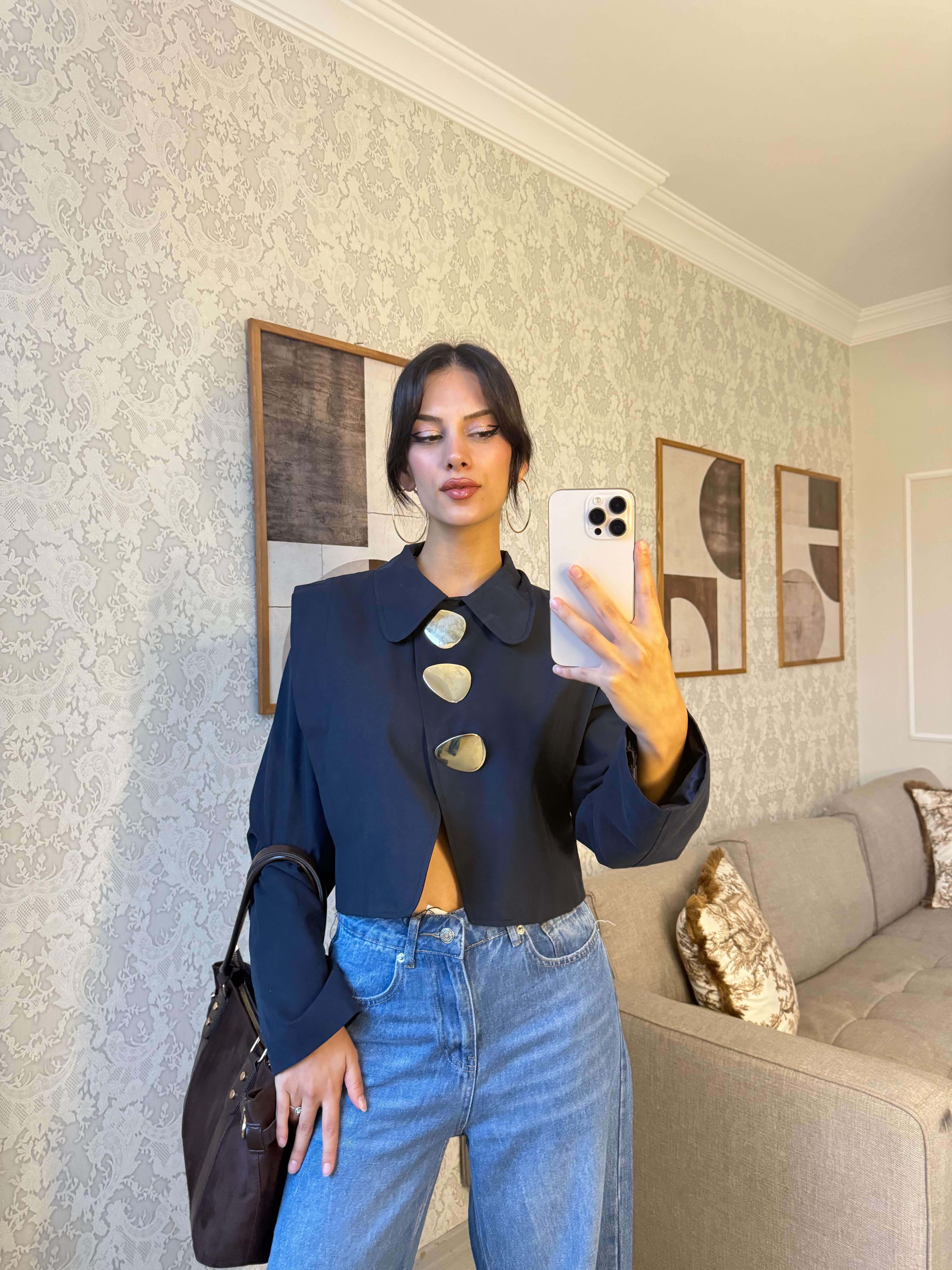 GOLD DÜĞMELİ CROP CEKET-LACİVERT · 4