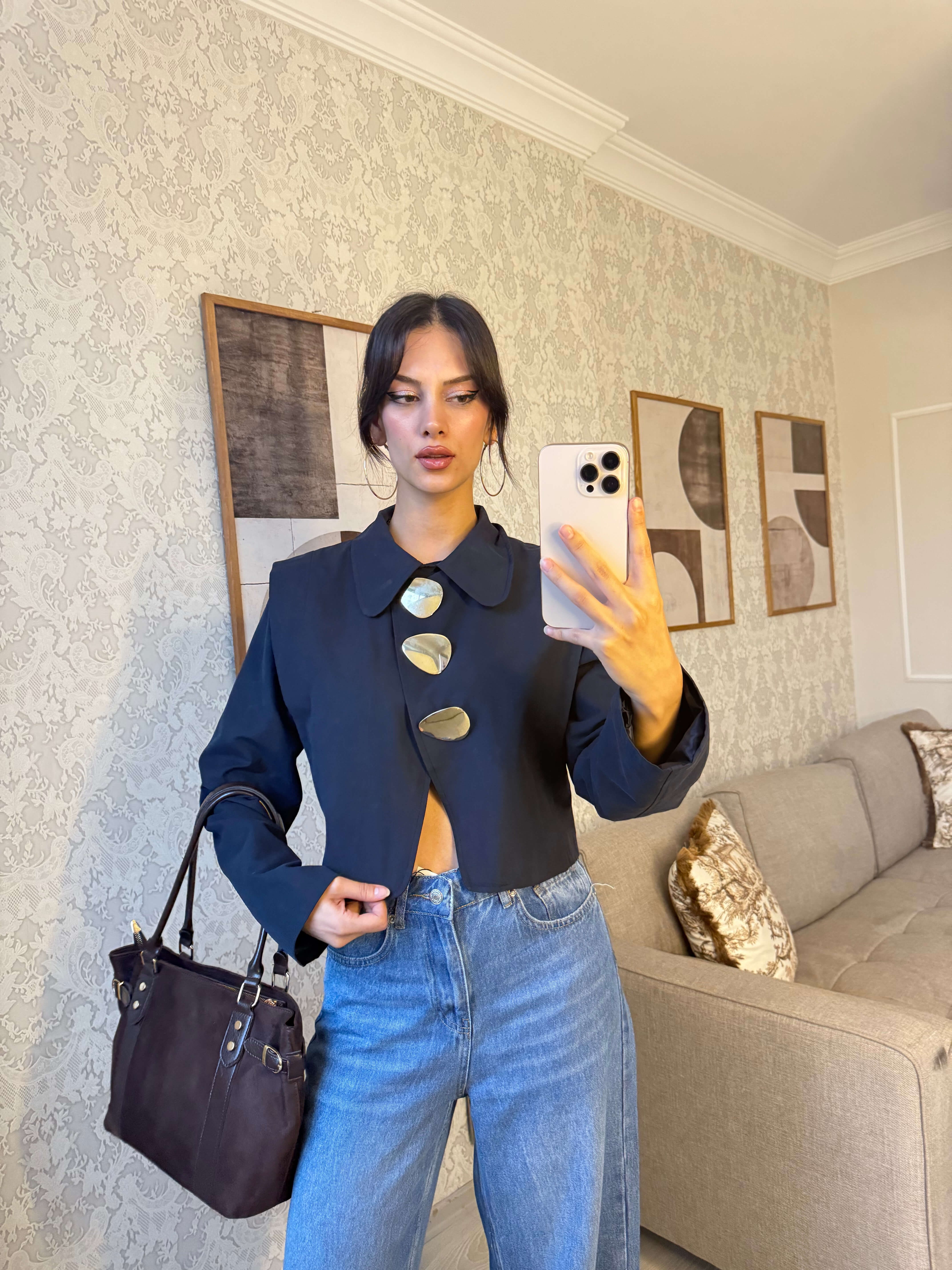 GOLD DÜĞMELİ CROP CEKET-LACİVERT · 2