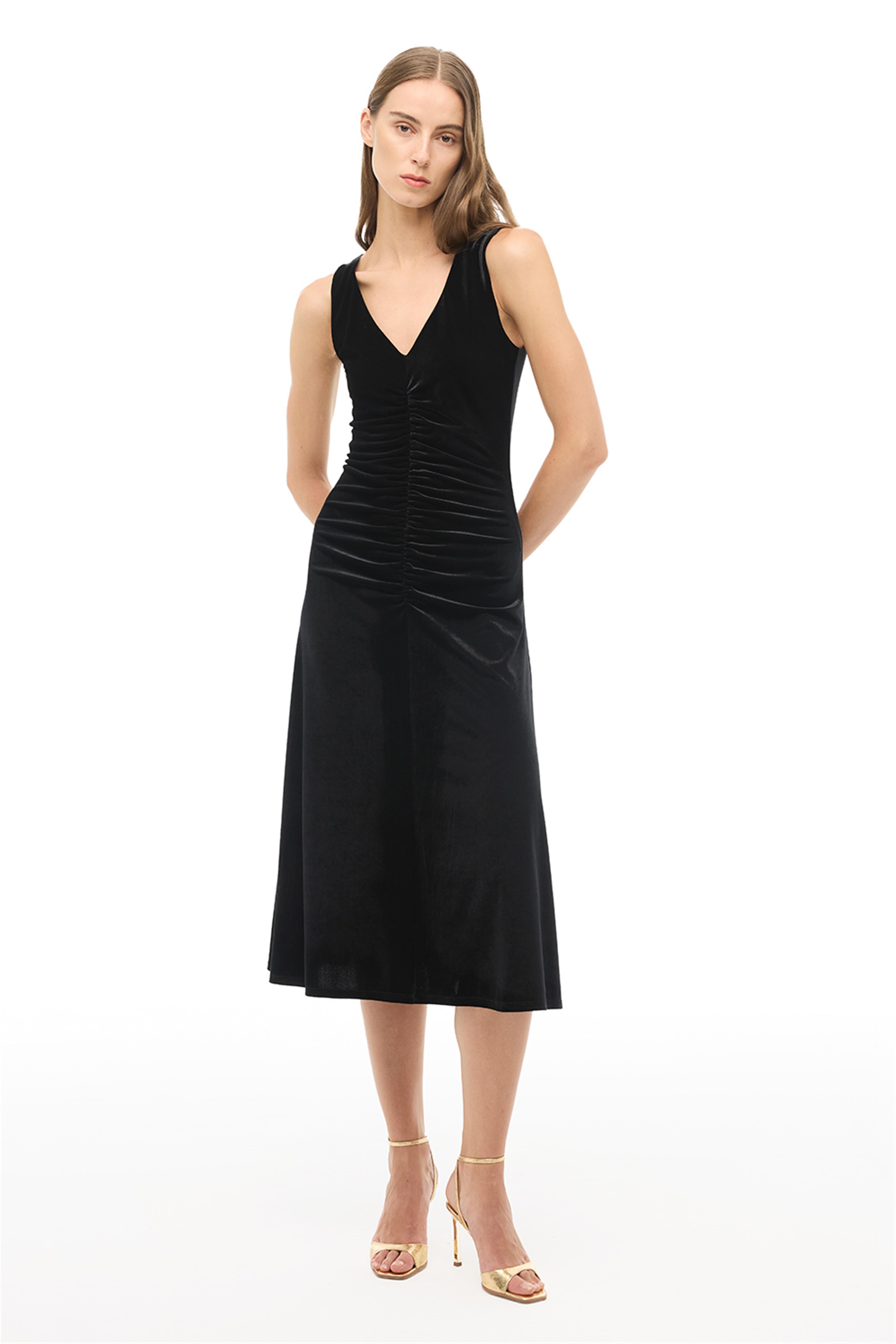 Siyah V-Yaka Slim Fit Midi Elbise