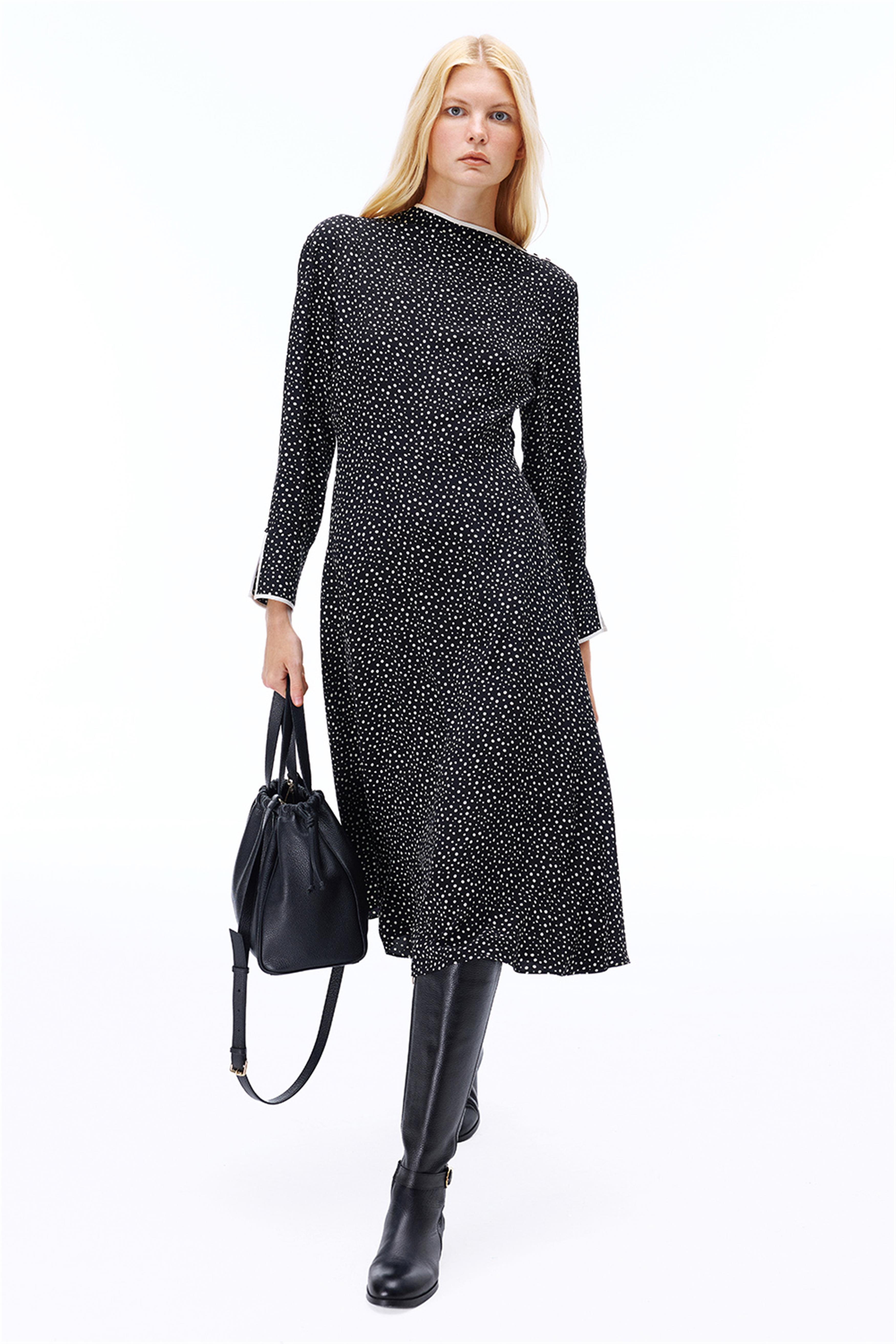 Abels Regular Fit Puantiye Desen Midi Boy Takma Kol Asimetrik Yaka Sıyah beyaz Elbise