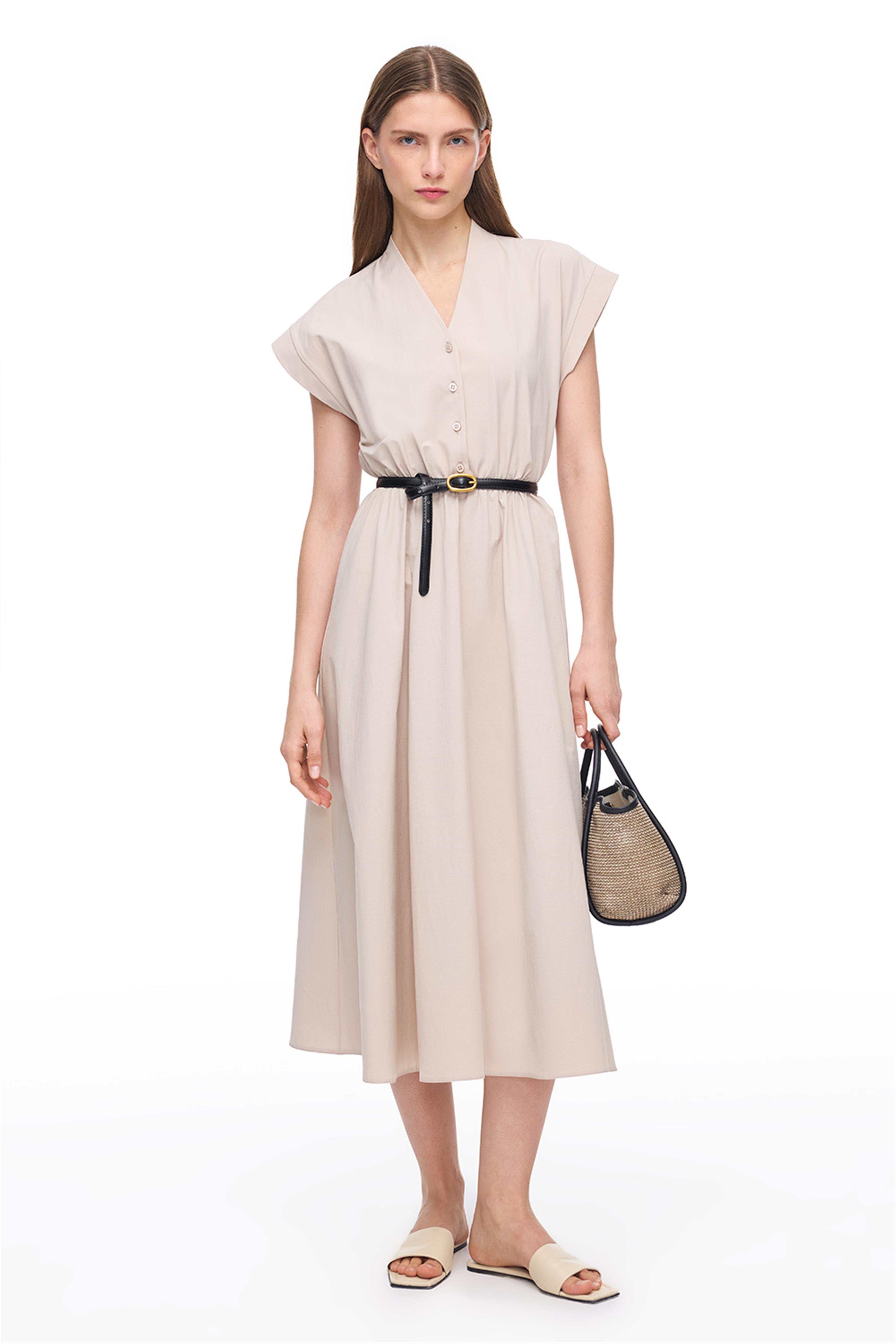 Açık Bej Düğmeli V Yaka Günlük Elbise