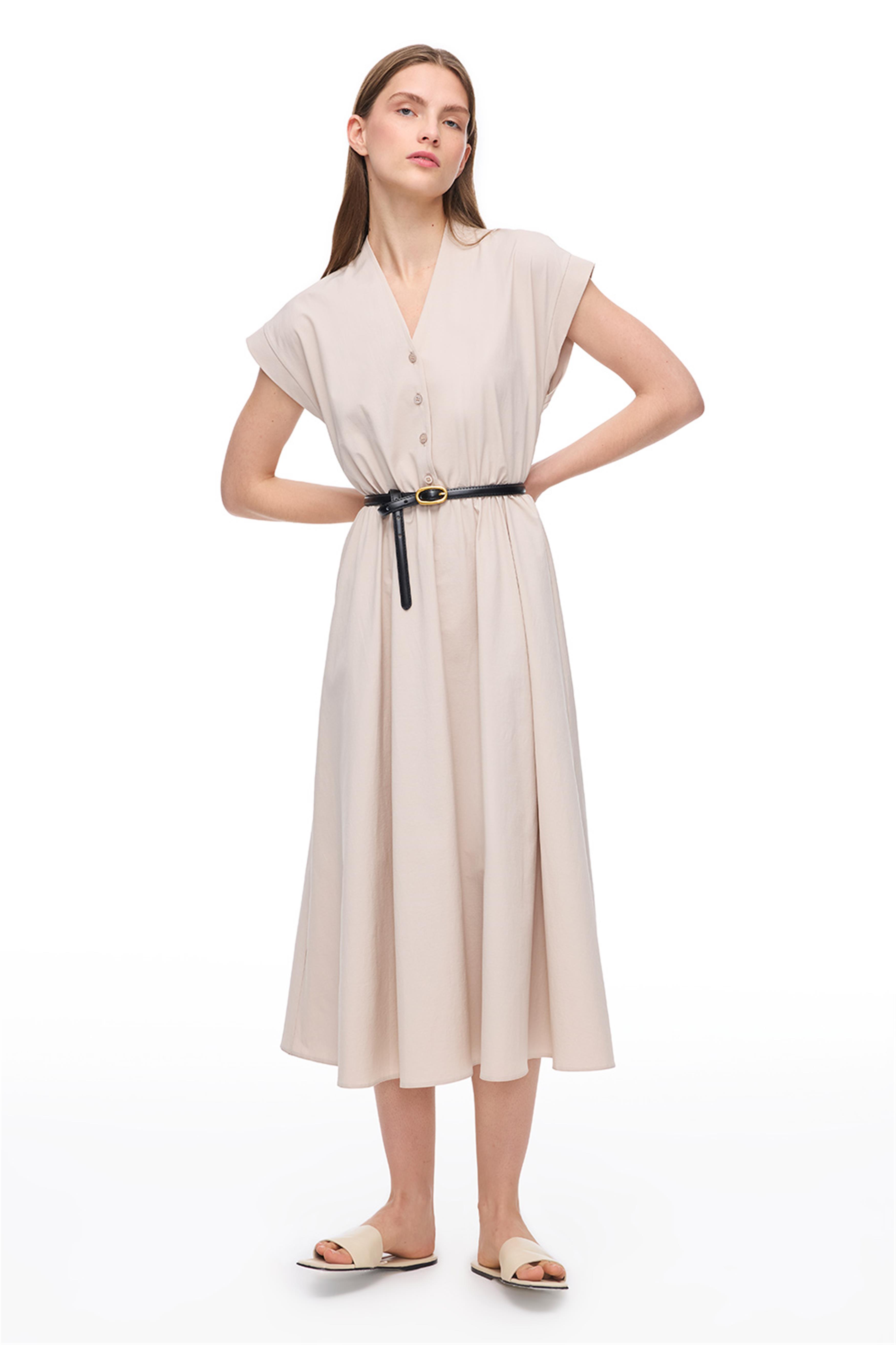 Açık Bej Düğmeli V Yaka Günlük Elbise