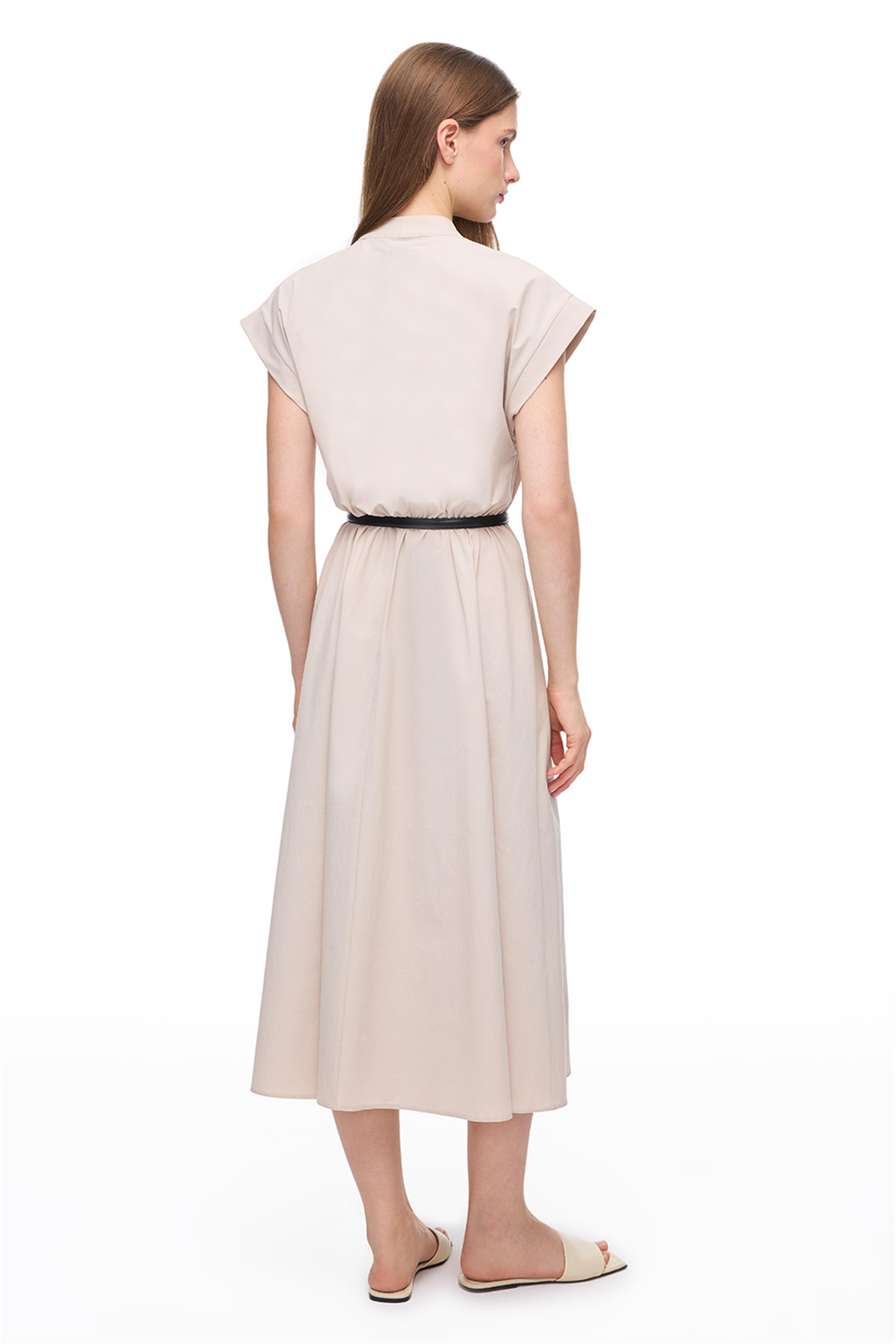 Açık Bej Düğmeli V Yaka Günlük Elbise