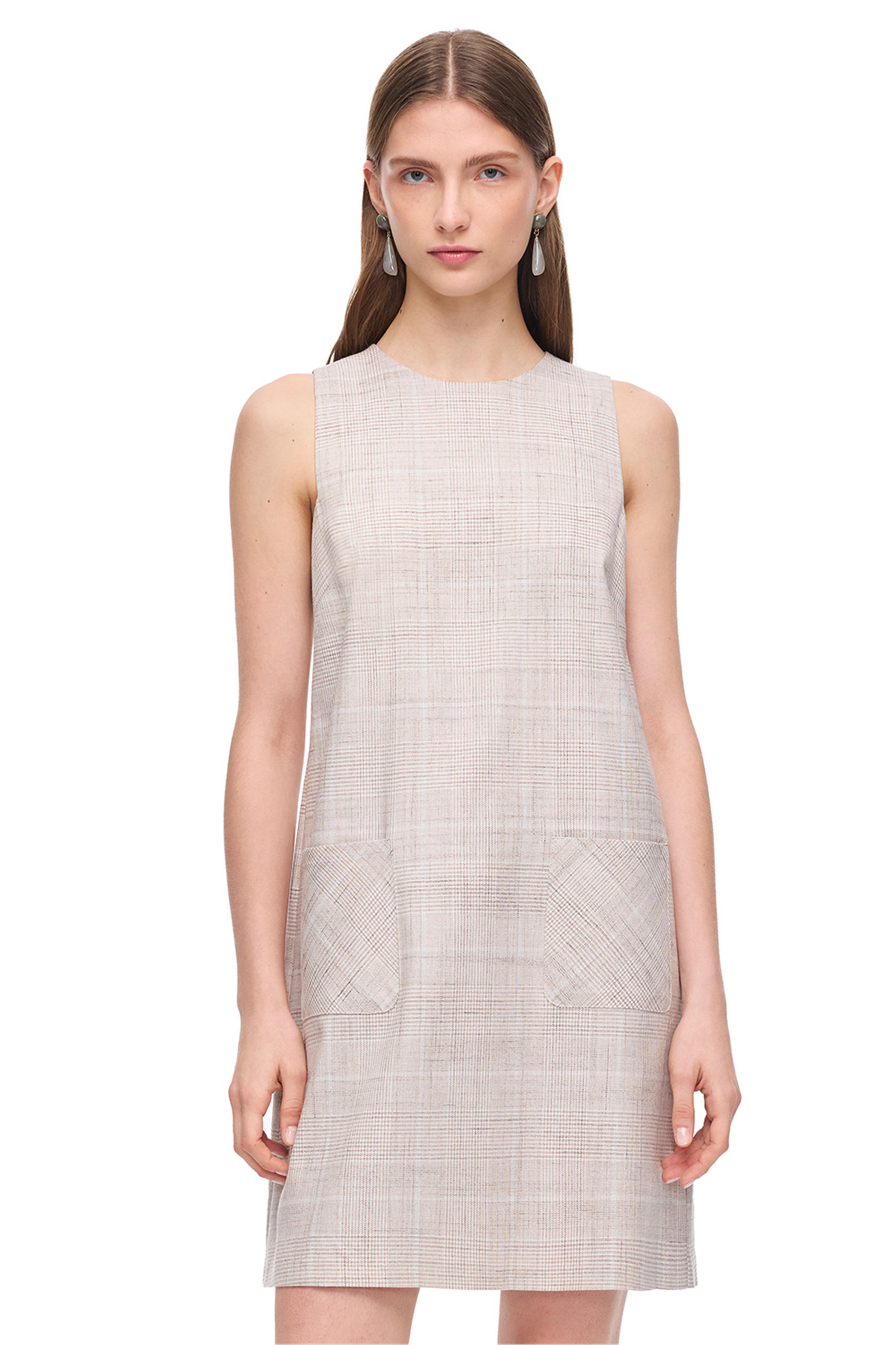 Açık Bej Ekose Kısa Kollu Mini Elbise