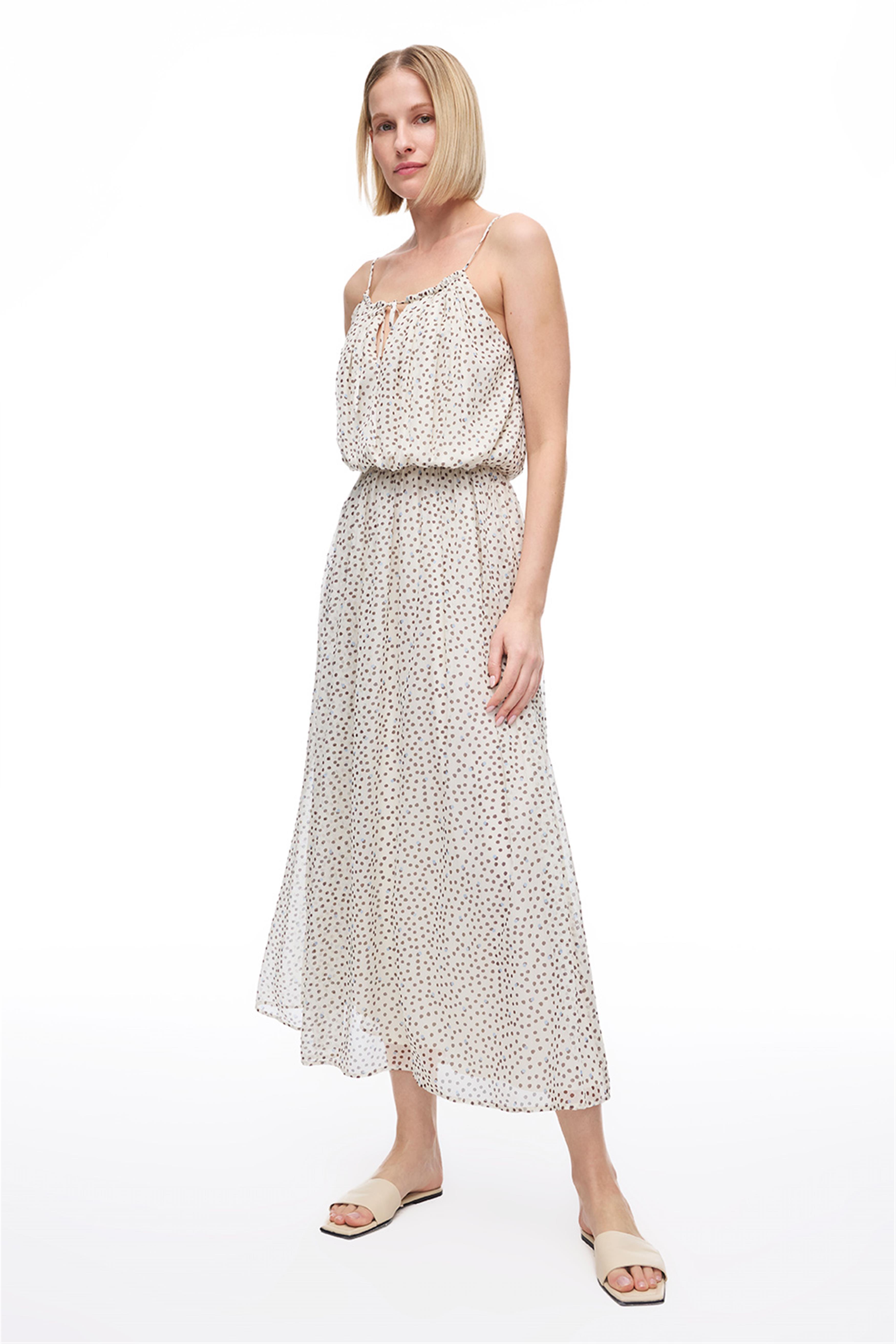 Açık Bej Fidos Regular Fit Puantiyeli Uzun Boy Elbise