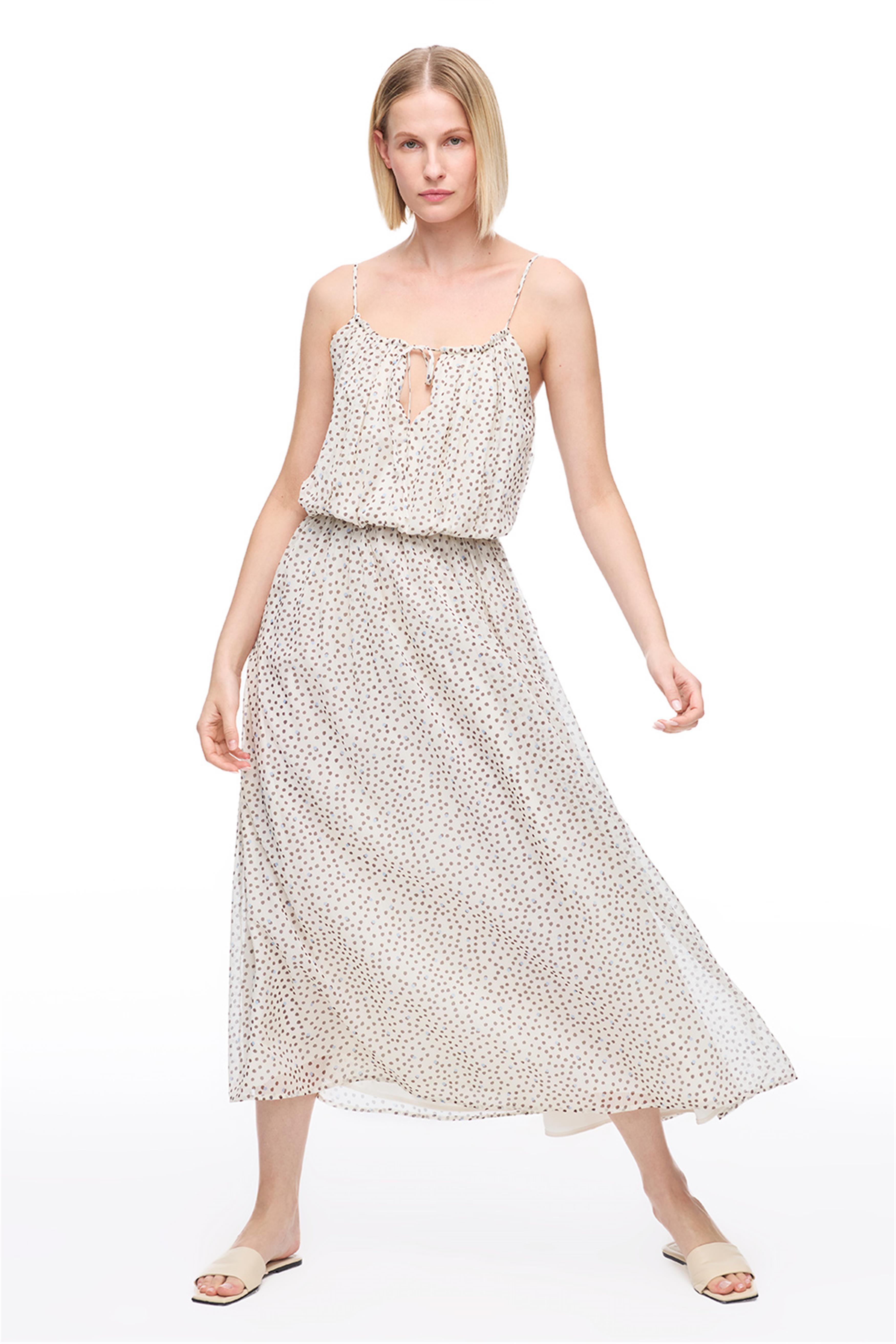 Açık Bej Fidos Regular Fit Puantiyeli Uzun Boy Elbise