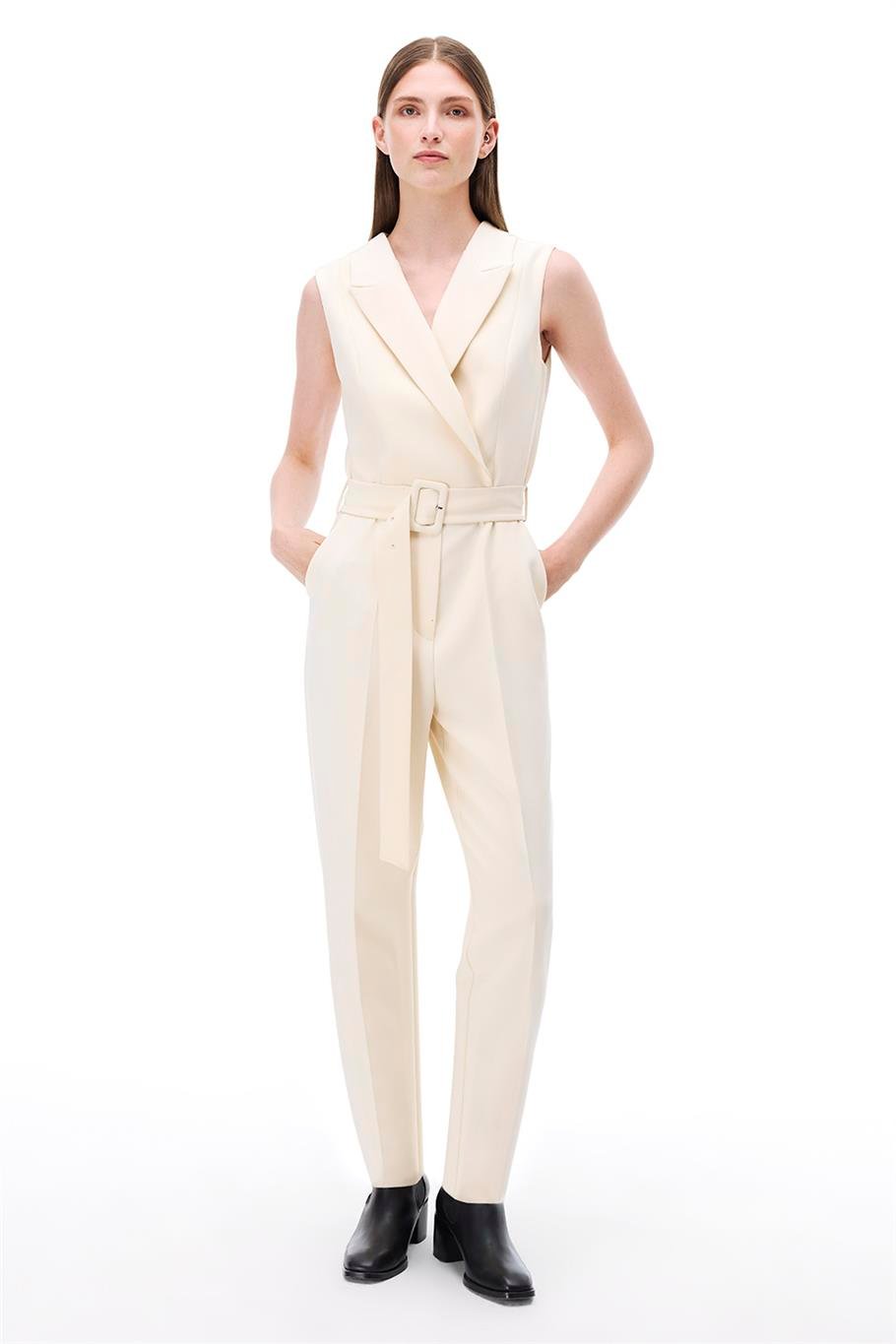 Açık Bej Klasik Yaka Boru Paça Tulum