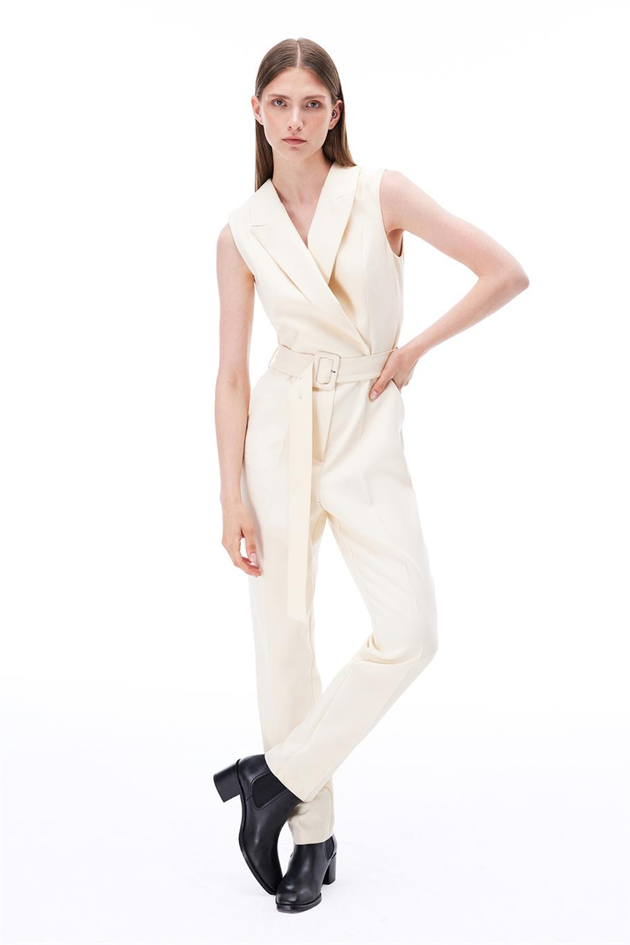 Açık Bej Klasik Yaka Boru Paça Tulum