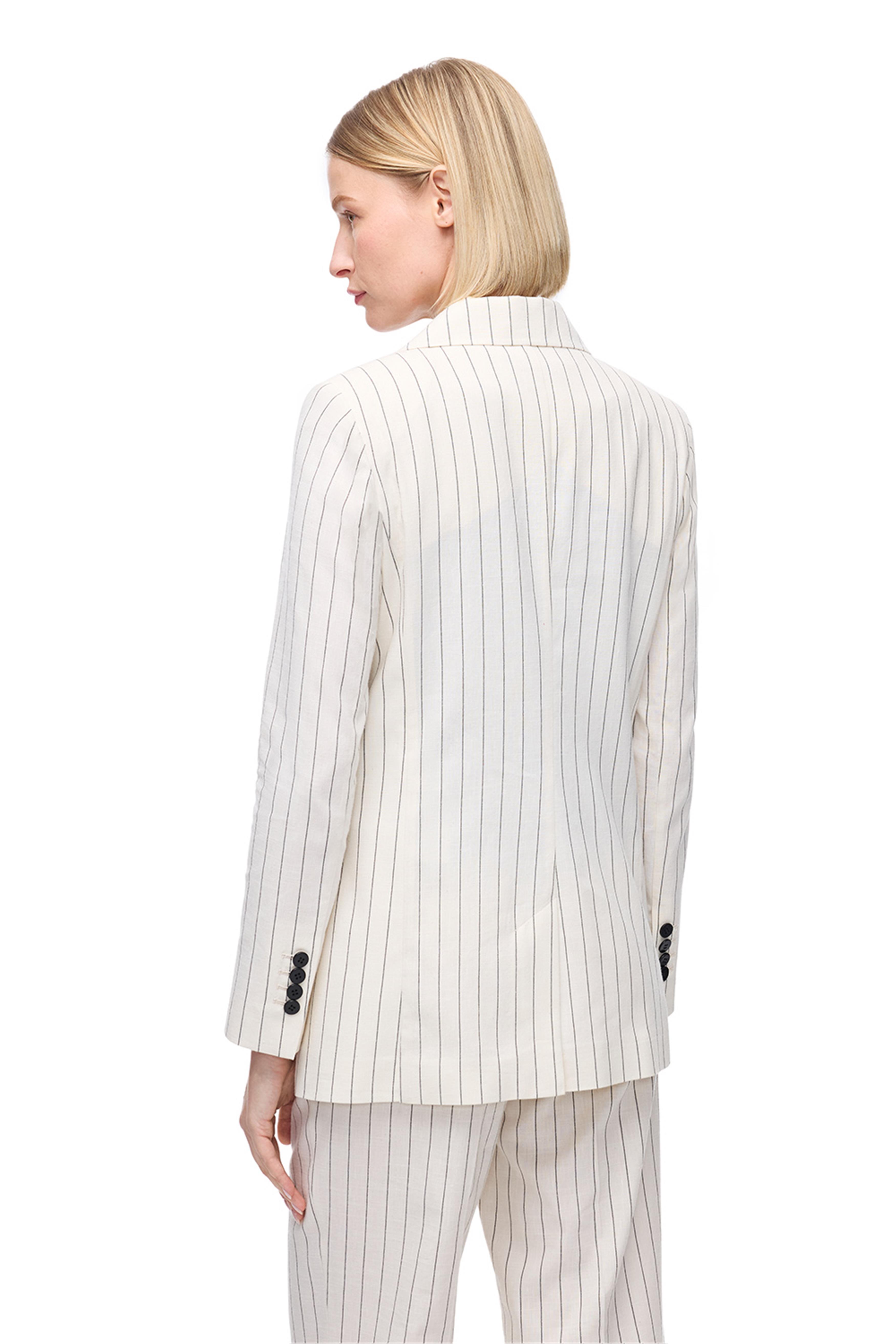 Açık Bej Uzun Kollu Çizgili Keten Ceket