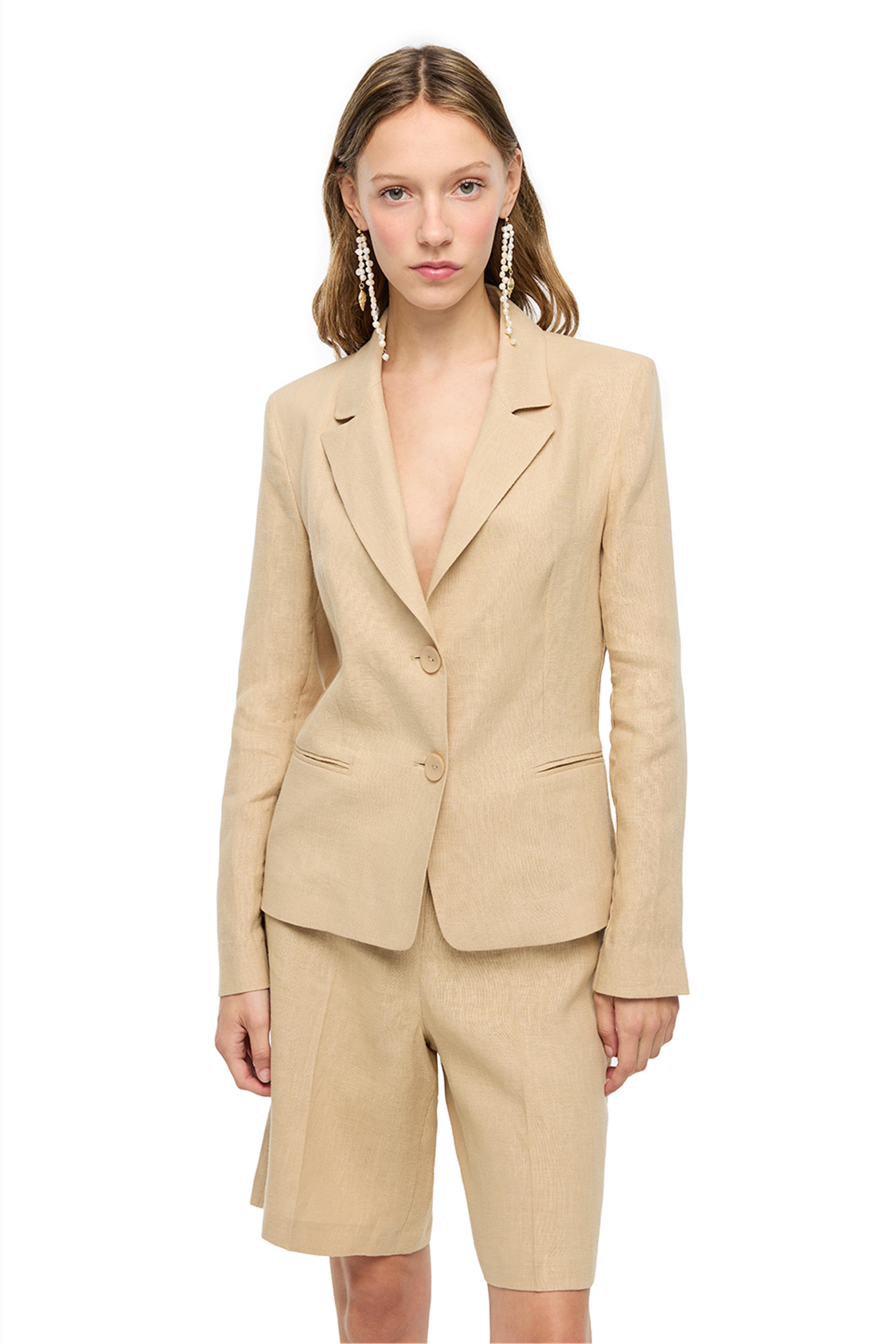 Açık Deve Tüyü Klasik Yaka Keten Takım Ceket