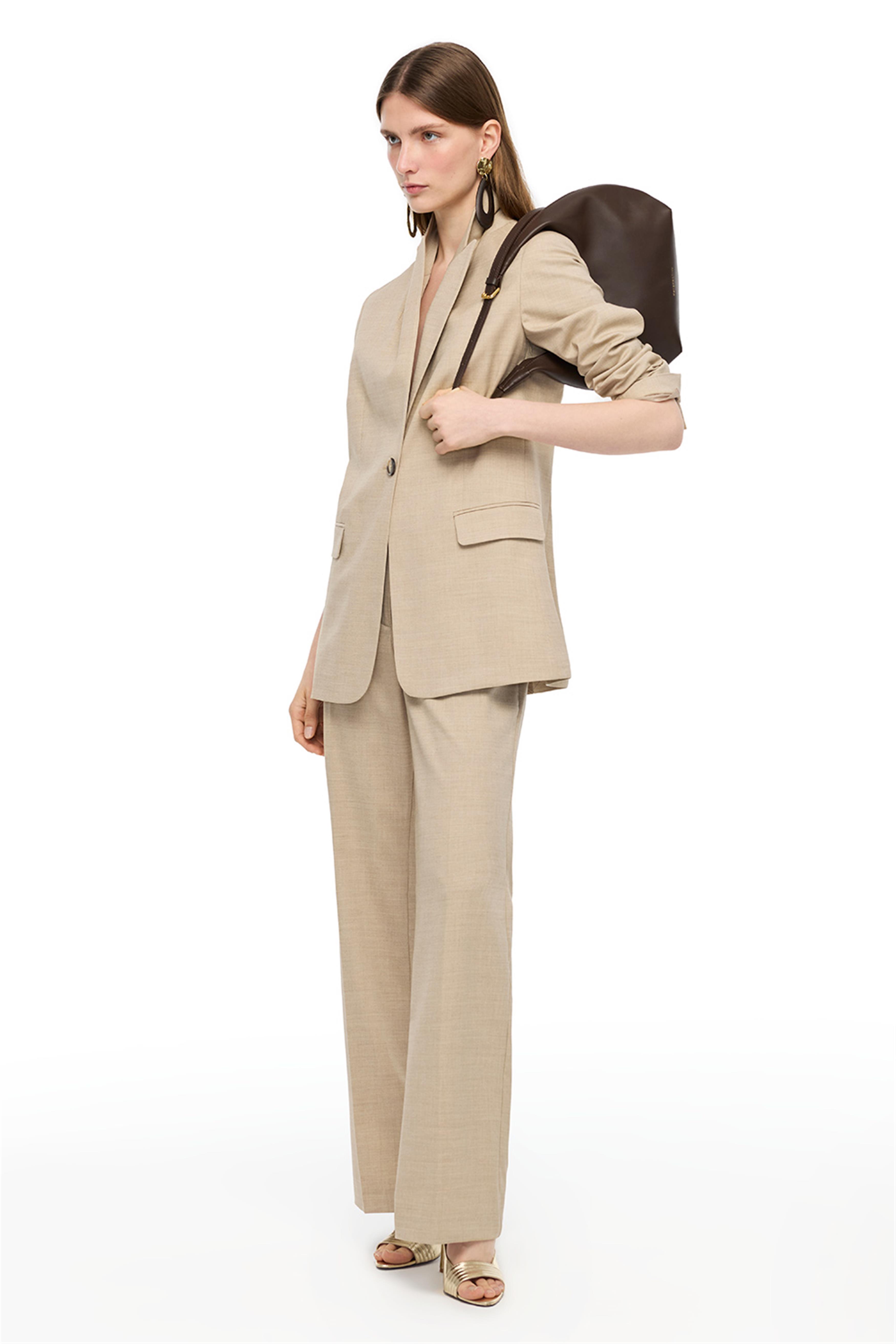 Açık Deve Tüyü Yüksek Bel Straight Leg Karışımlı Pantolon