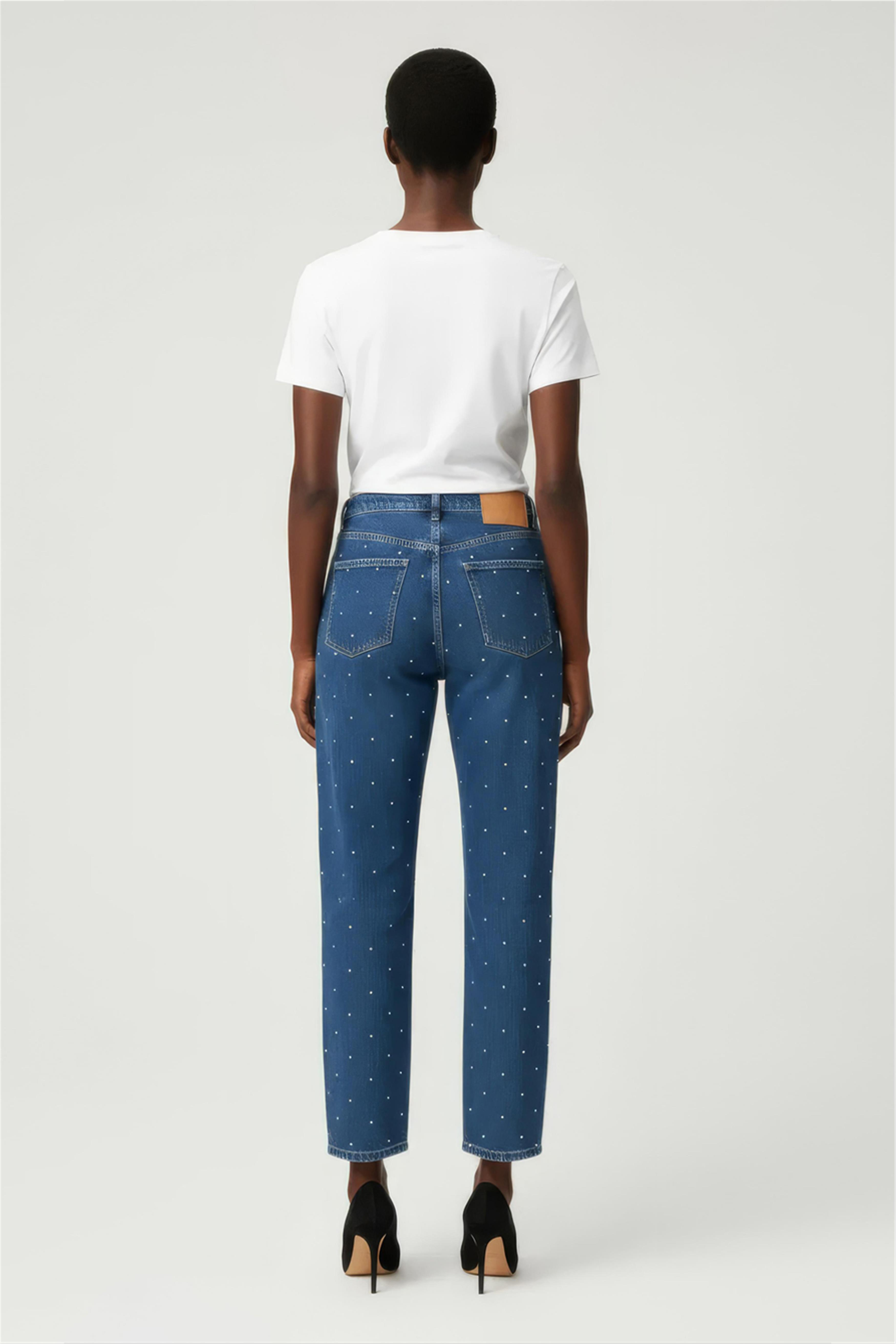 Açık Mavi Yüksek Bel Taşlı Denim Pantolon