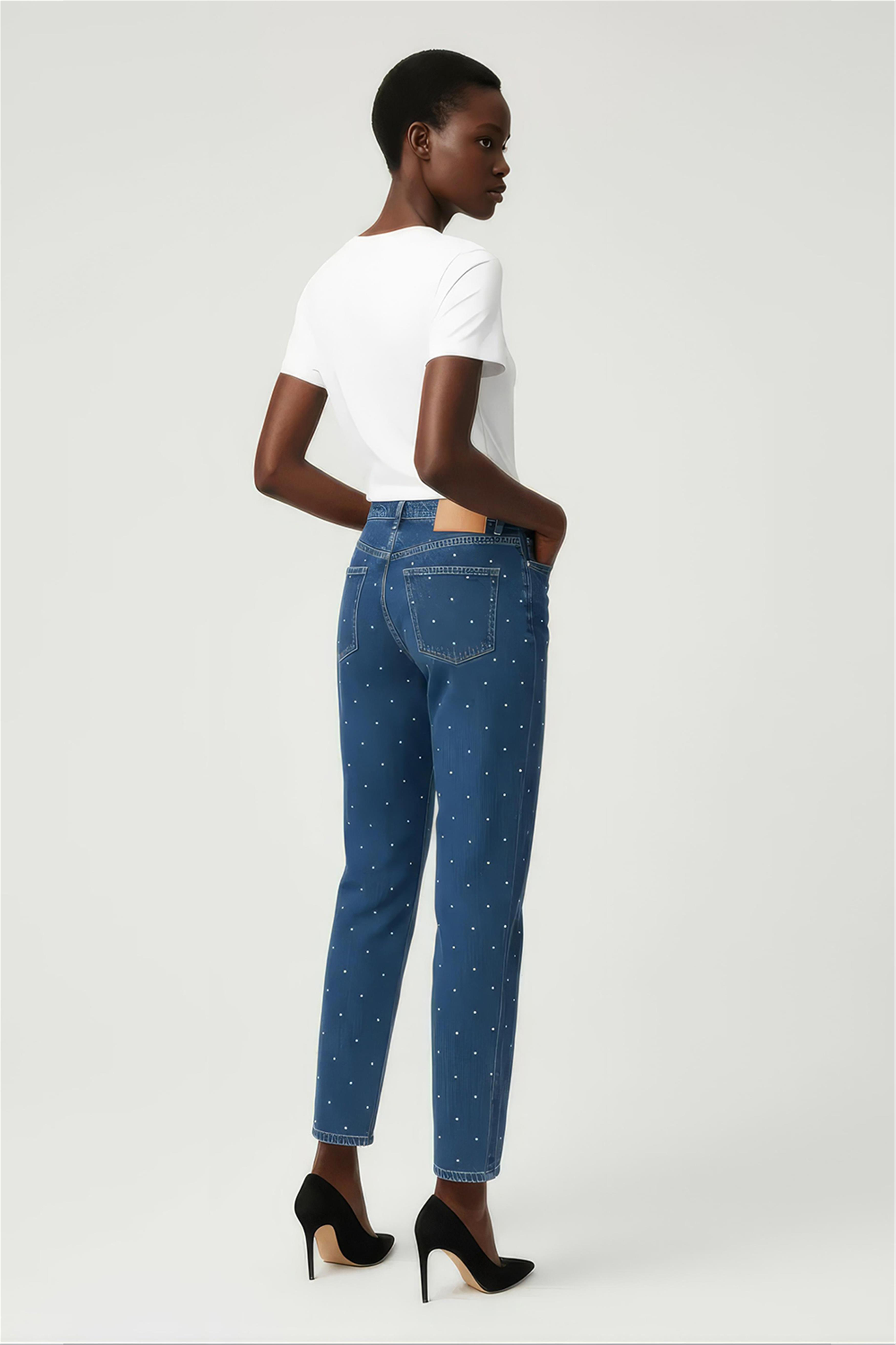 Açık Mavi Yüksek Bel Taşlı Denim Pantolon