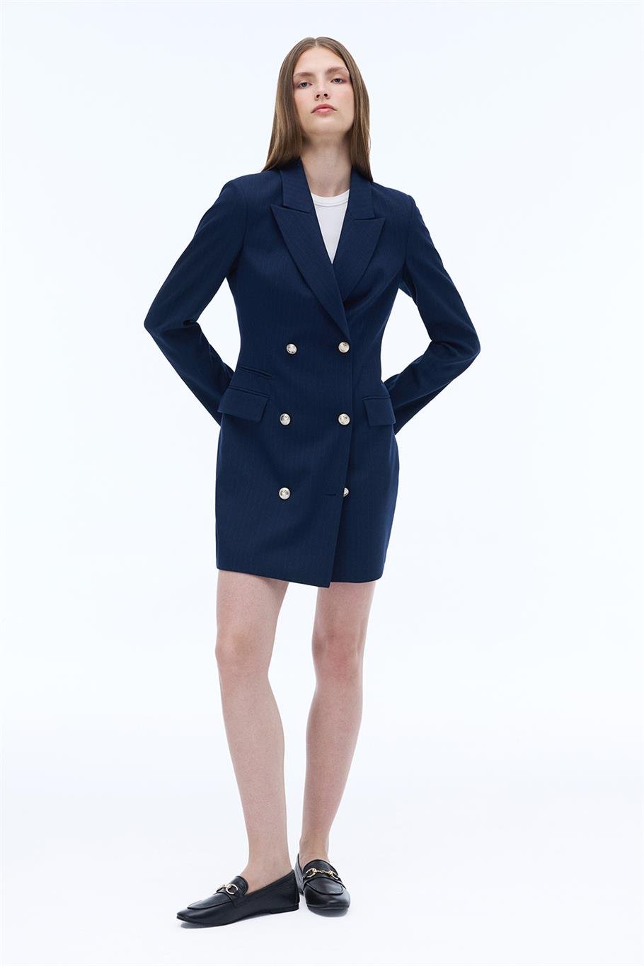 Actors Regular Fit Çizgili Desenli Kısa Boy Takma Kol Ceket Yaka Lacivert Renk Elbise