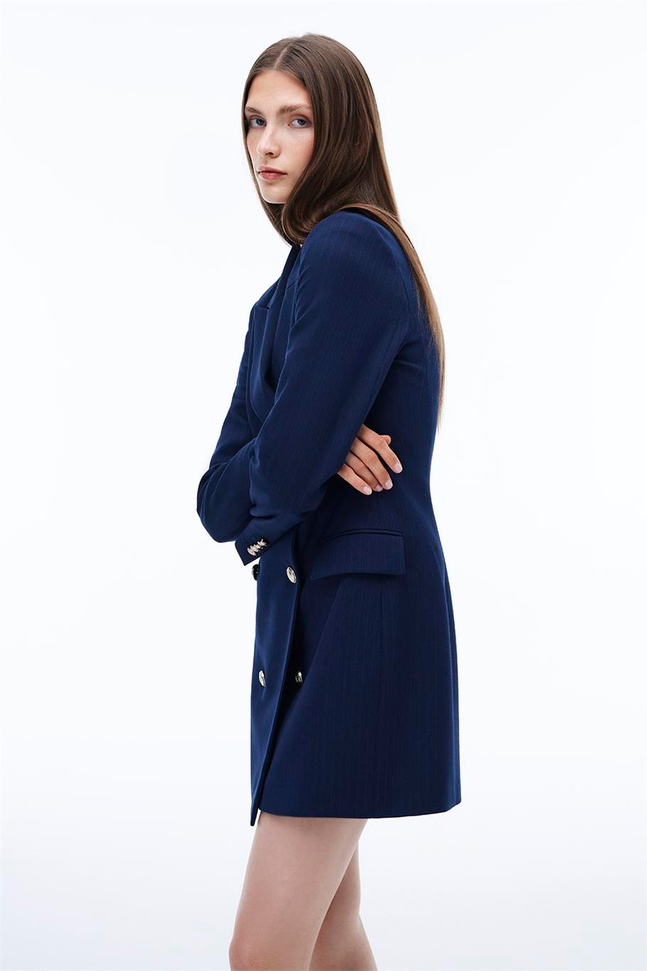 Actors Regular Fit Çizgili Desenli Kısa Boy Takma Kol Ceket Yaka Lacivert Renk Elbise