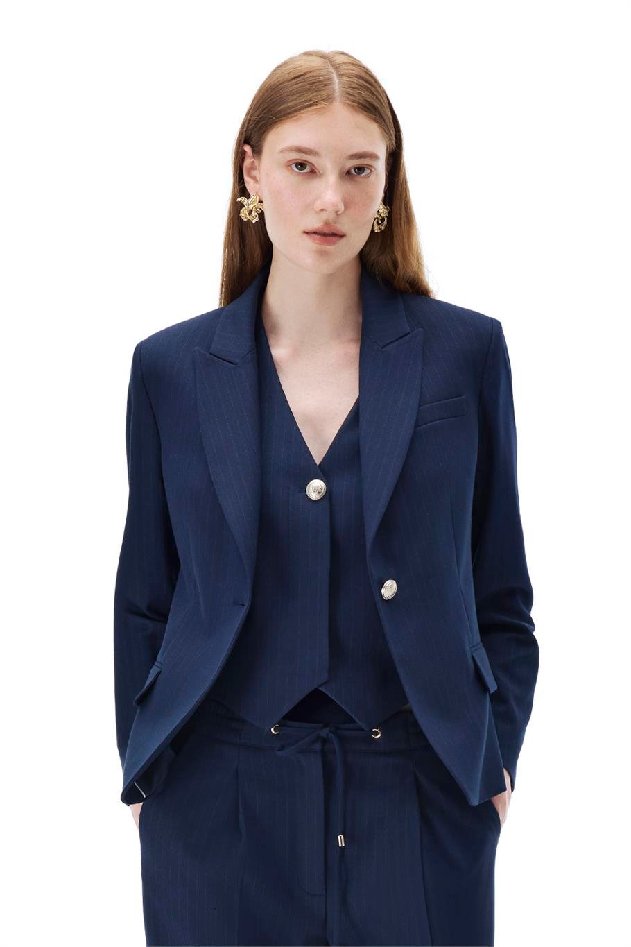 Actors Slim Fit Kısa Boy Takma Kol Ceket Yaka Lacivert Ceket