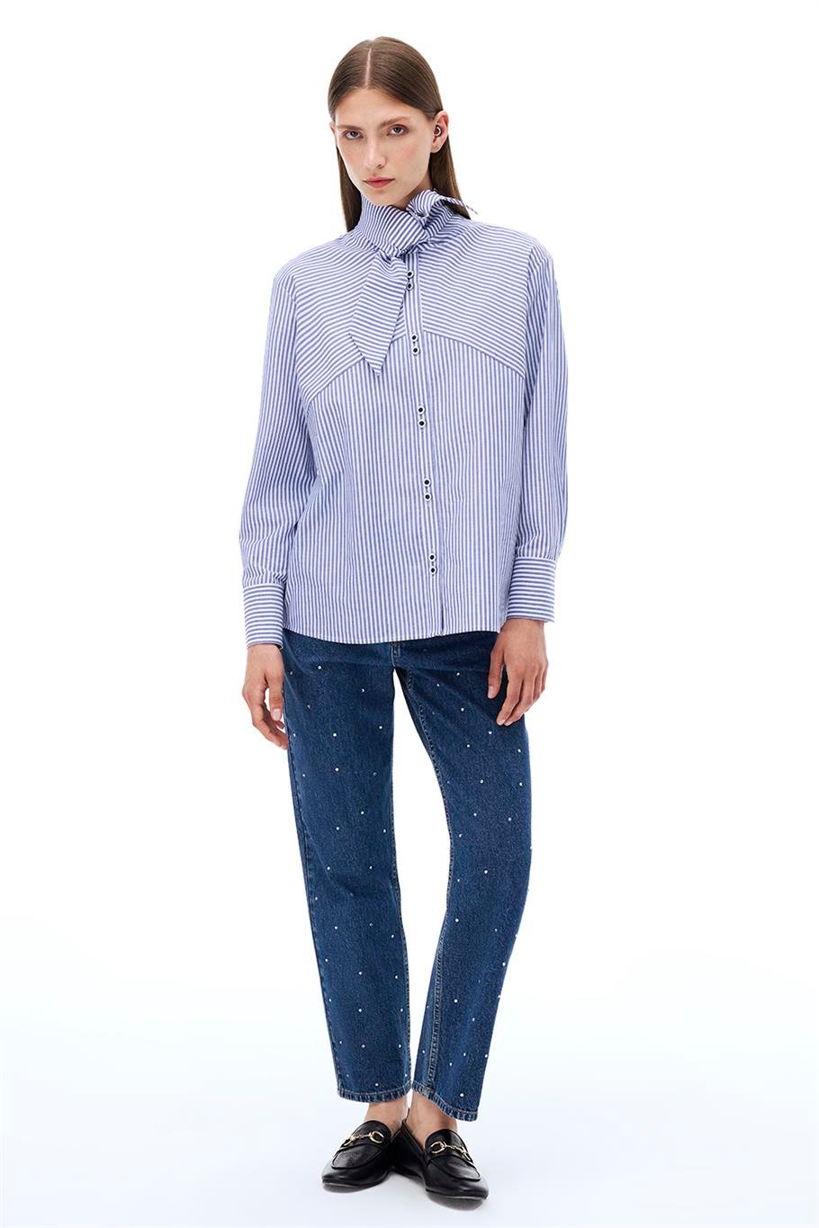 Adalias Regular Fit Çizgili Desen Standart Boy Düşük Kollu Gömlek Yaka Beyaz İndigo Gömlek