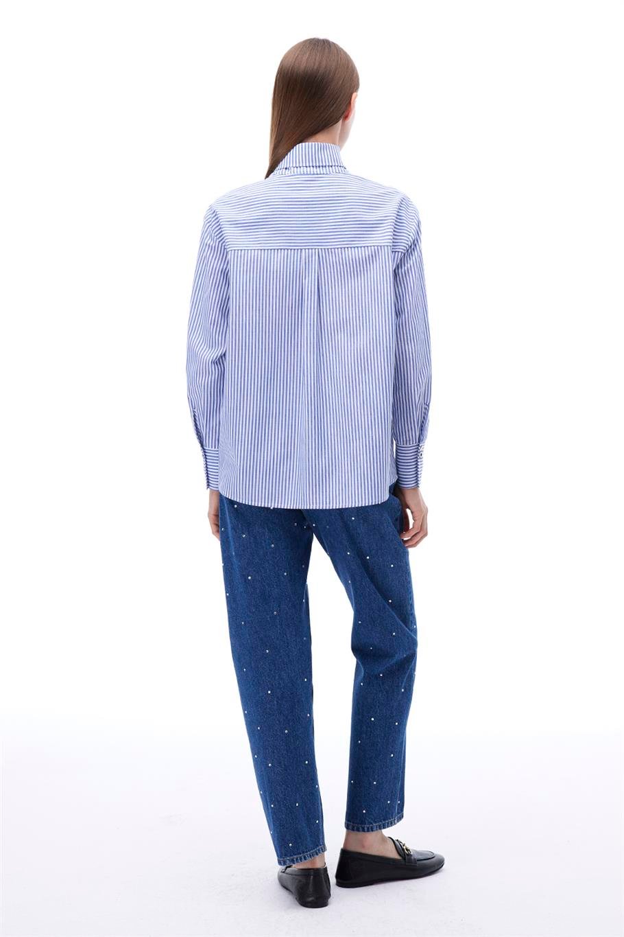 Adalias Regular Fit Çizgili Desen Standart Boy Düşük Kollu Gömlek Yaka Beyaz İndigo Gömlek