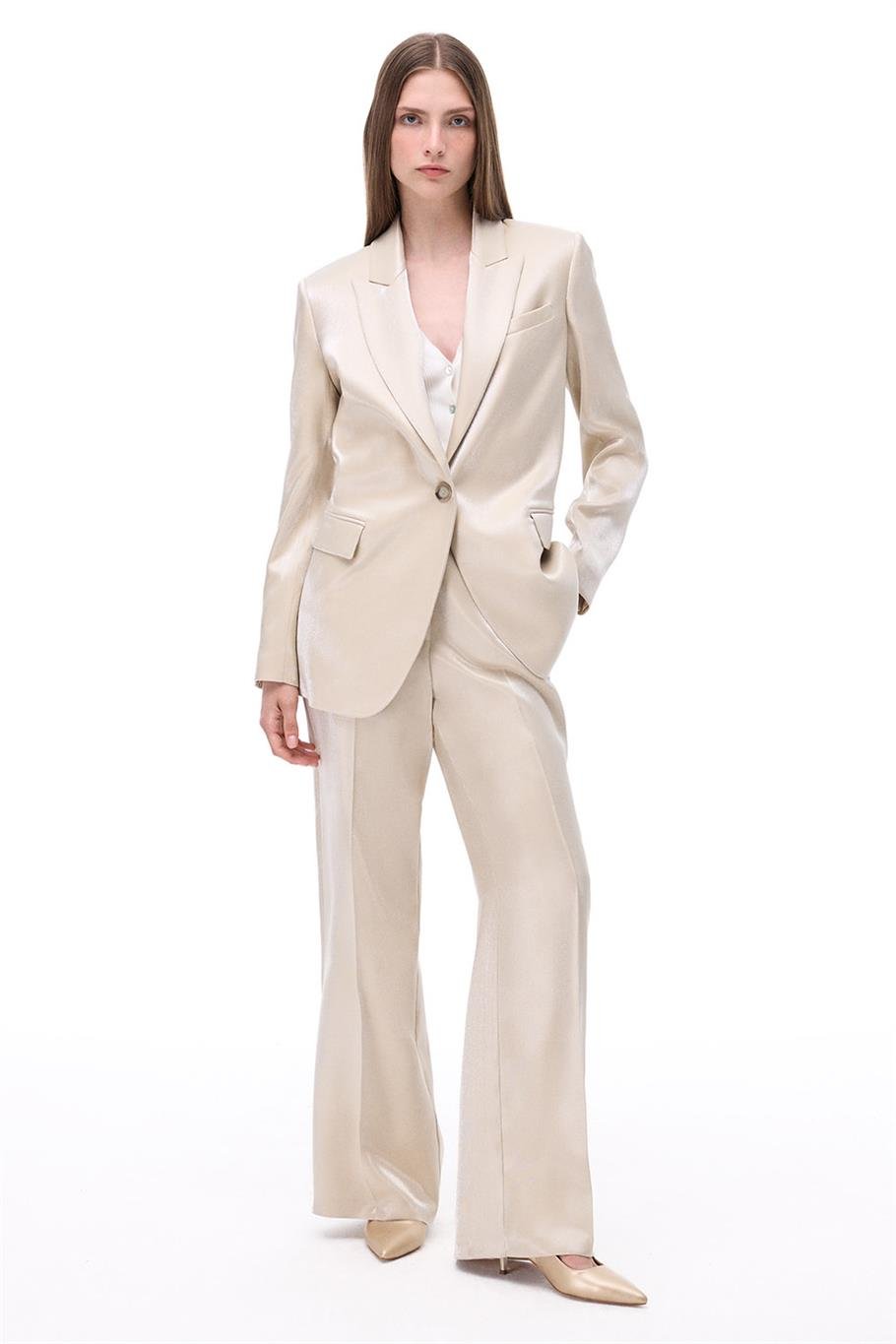 Adityas Regular Fit Diz Boy Düşük Kollu Ceket Yaka Bej Ceket