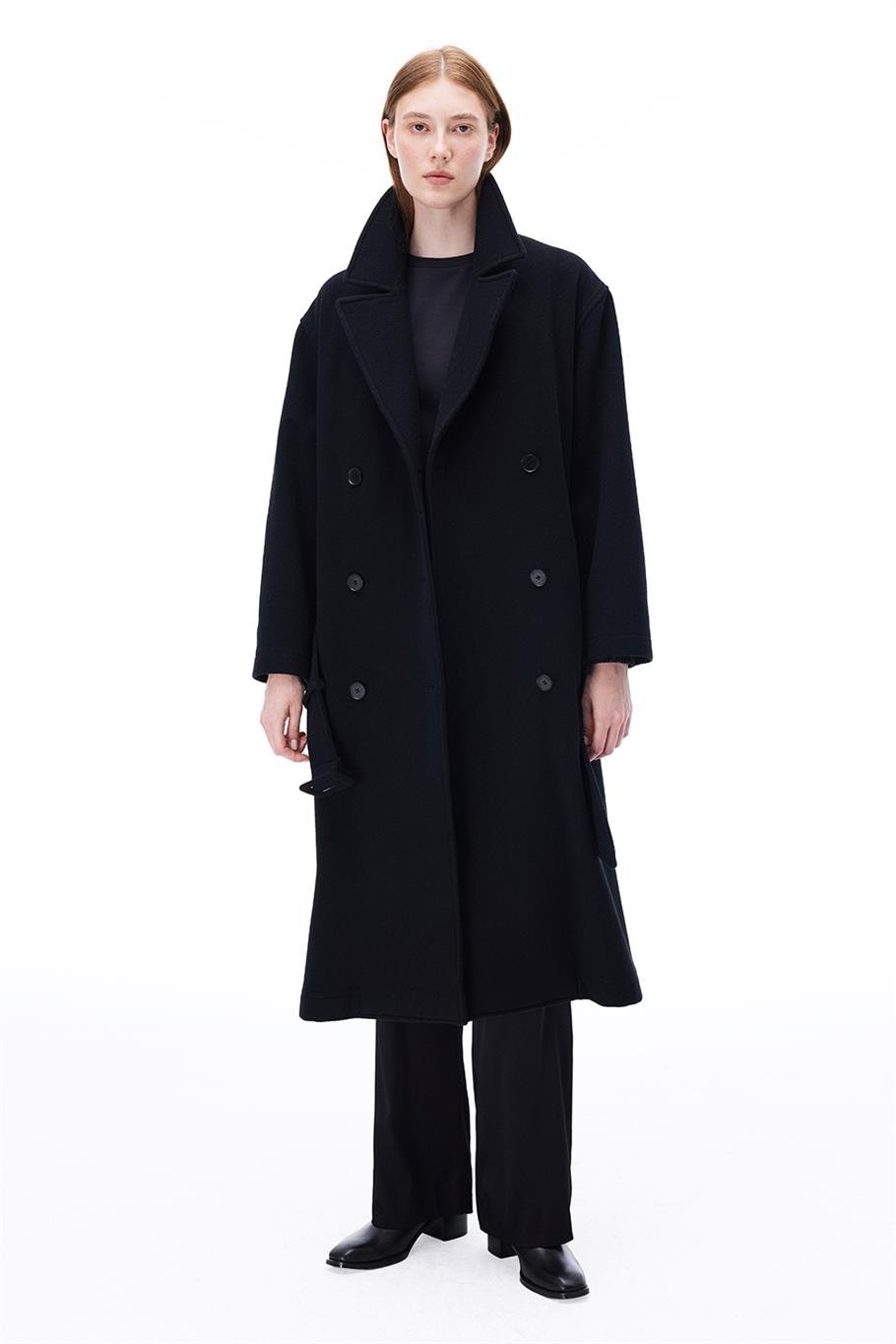 Alaias Regular Fit Uzun Boy Düşük Kollu Erkek Yaka Siyah Kaban