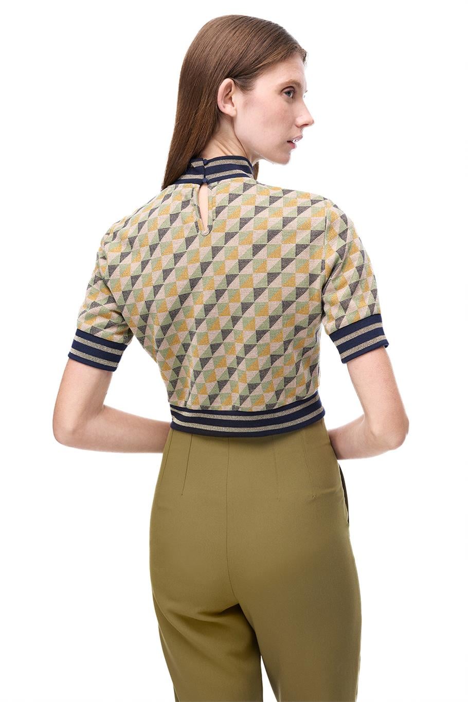 Alcors Slim Fit Geometrik Desen Crop Boy Takma Kol Bisiklet Yaka Yesıl Bluz