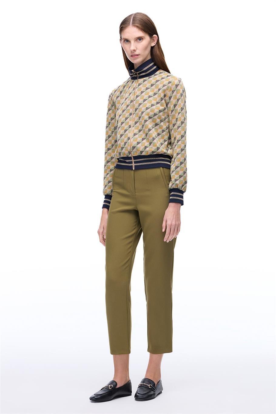 Alcors Slim Fit Geometrik Desen Standart Boy Takma Kol Yarım Dik Yaka Yesıl Mont