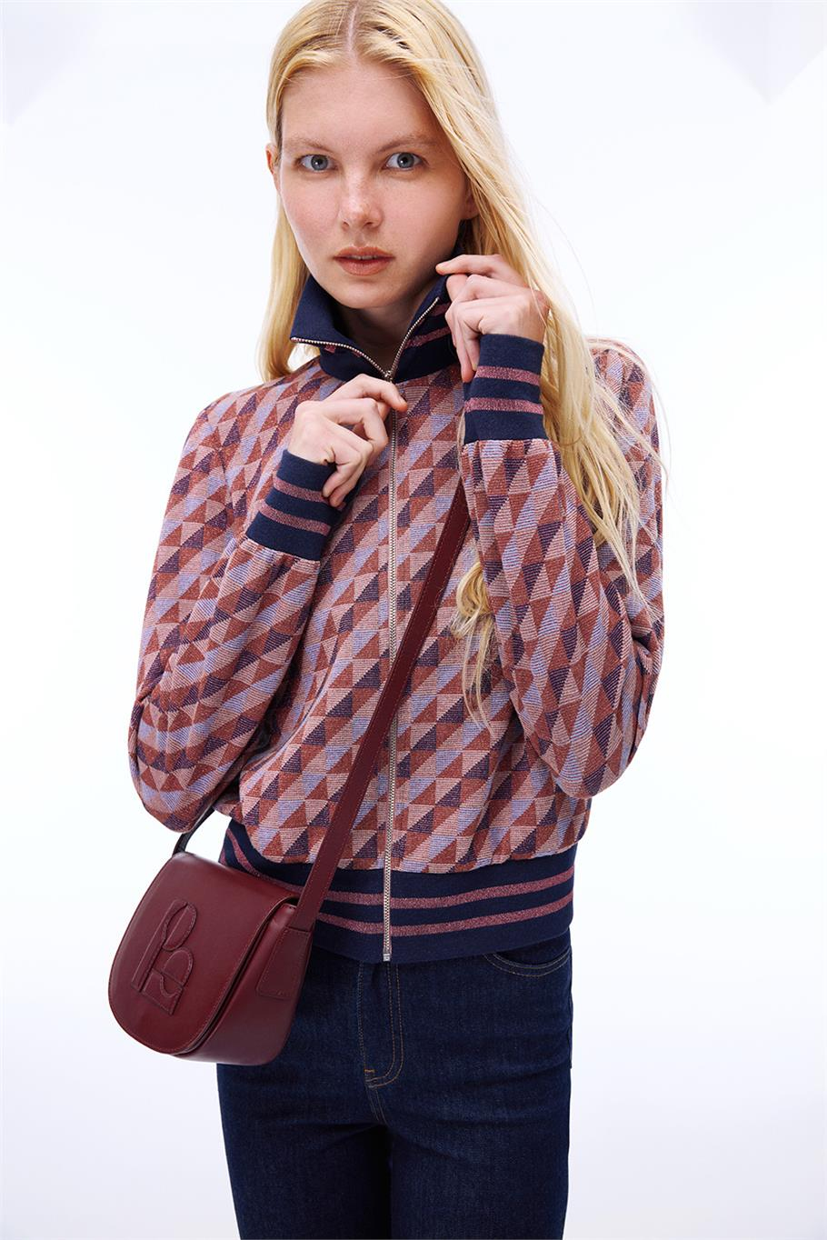 Alcors Slim Fit Geometrik Desen Standart Boy Takma Kol Yarım Dik Yaka Bordo Mont