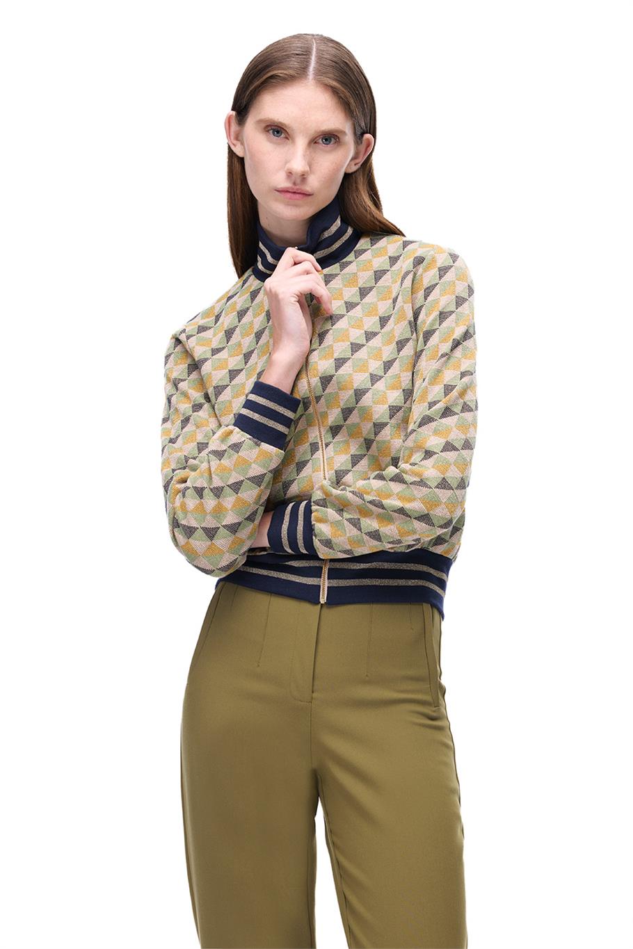 Alcors Slim Fit Geometrik Desen Standart Boy Takma Kol Yarım Dik Yaka Yesıl Mont