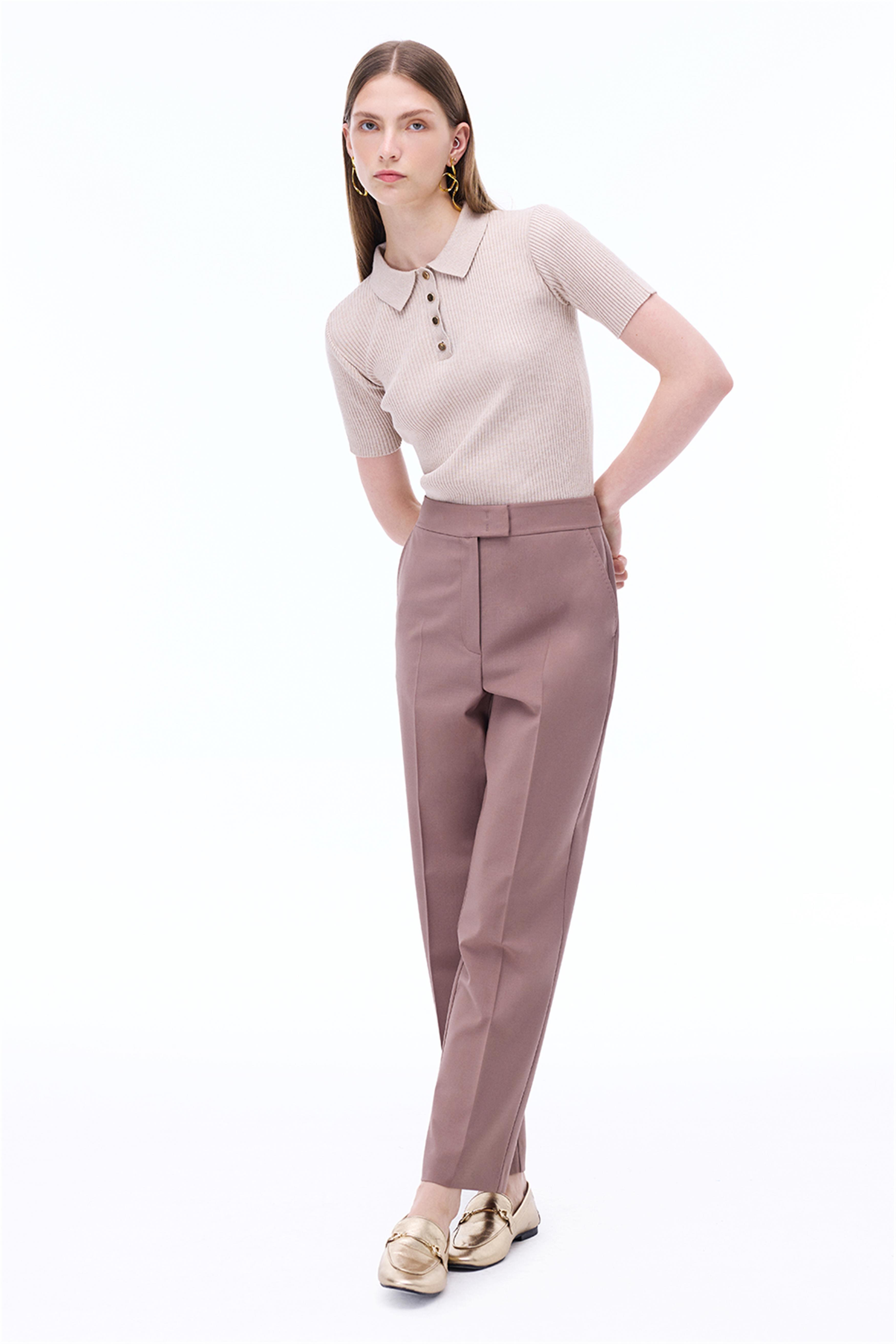 Alfios Regular Fit Bilek Boy Boru Paça Vizon Renk Kadın Pantolon