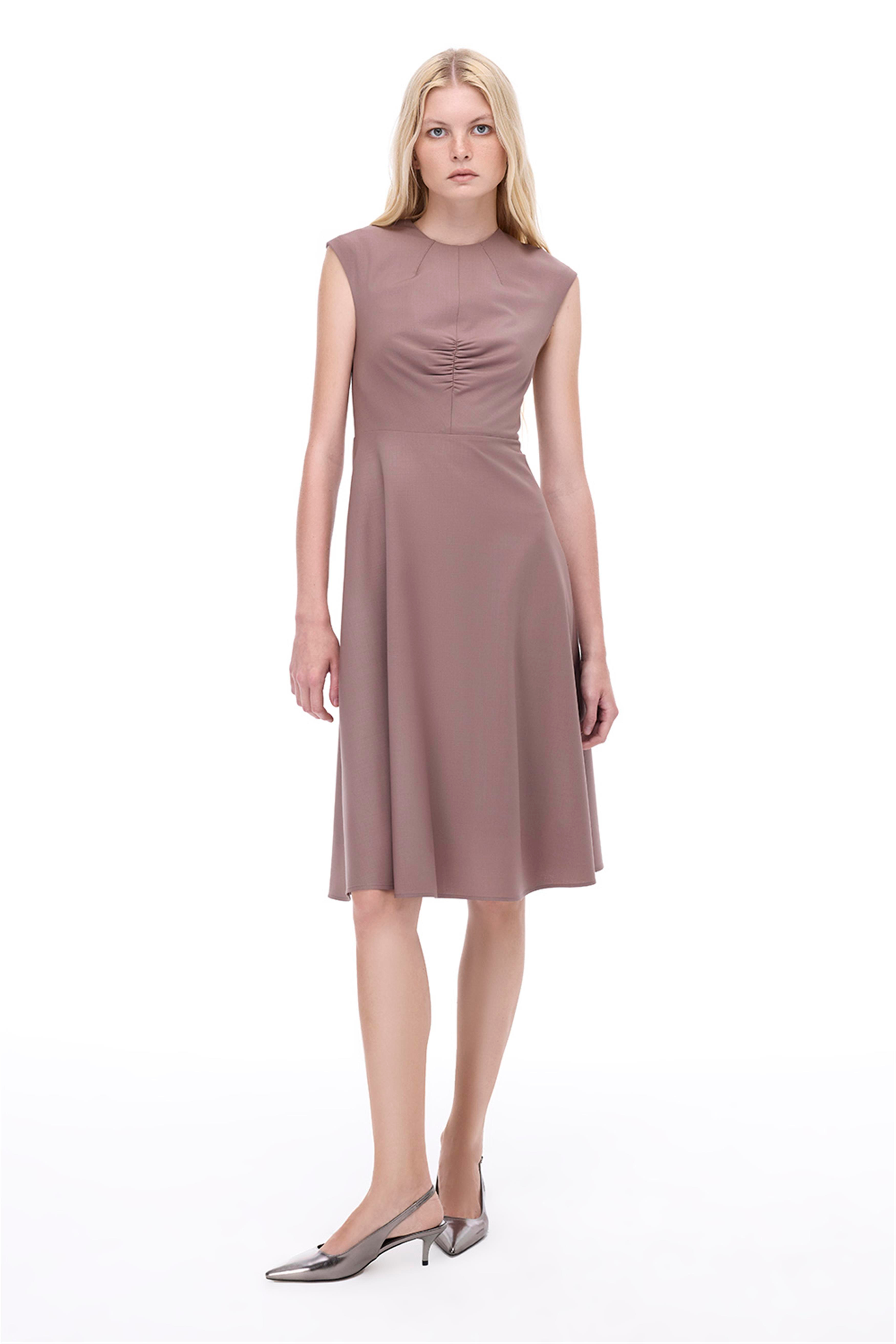 Alfios Regular Fit Midi Boy Düşük Kollu Bisiklet Yaka Vizon Renk Elbise