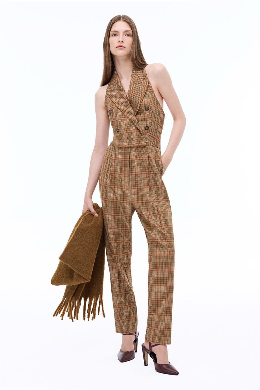 Alyones Regular Fit Ekose Ceket Yaka Çok Renkli Tulum