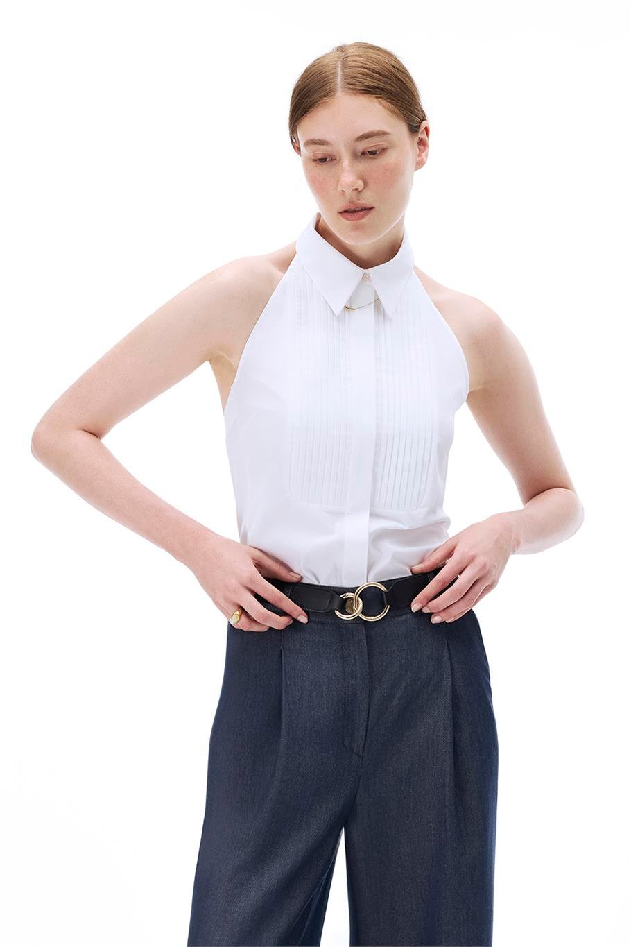 Amelias Slim Fit Standart Boy Sıfır Kol Gömlek Yaka Beyaz Gömlek