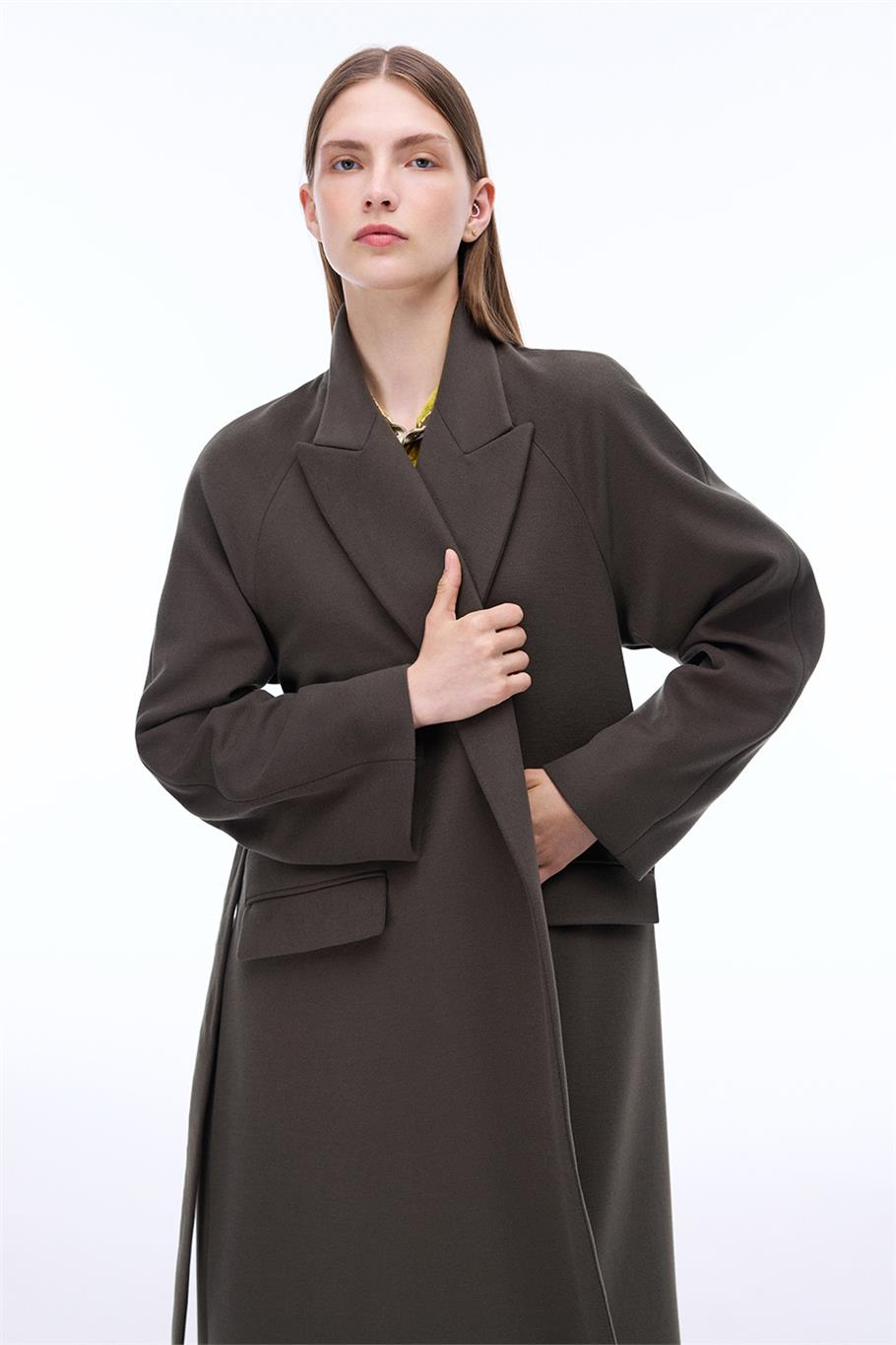 Anabels Rahat Kalıp Diz Altı Reglan Kol Ceket Yaka Hakı Kaban