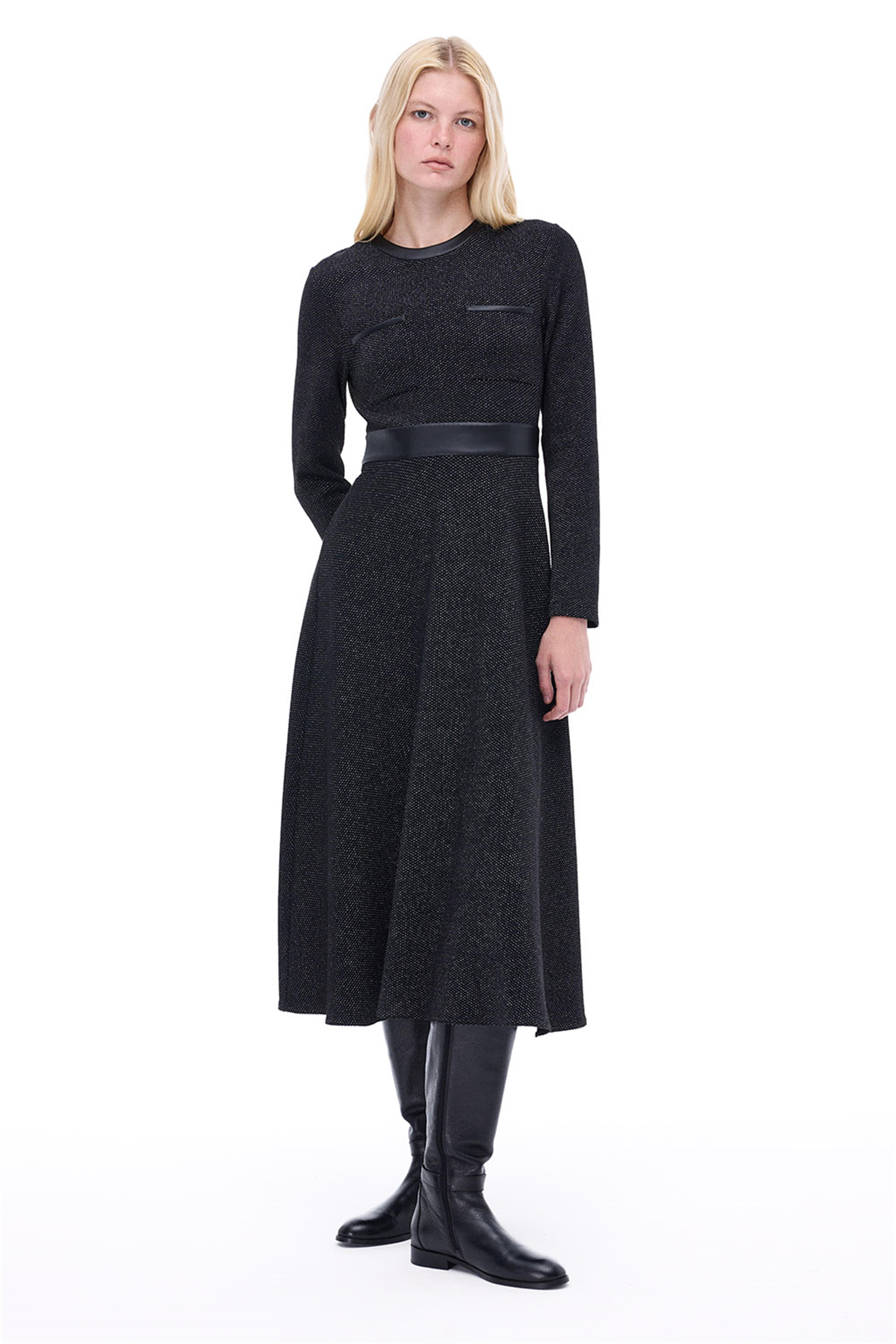 Anderas Regular Fit Midi Boy Takma Kol Bisiklet Yaka Siyah Elbise