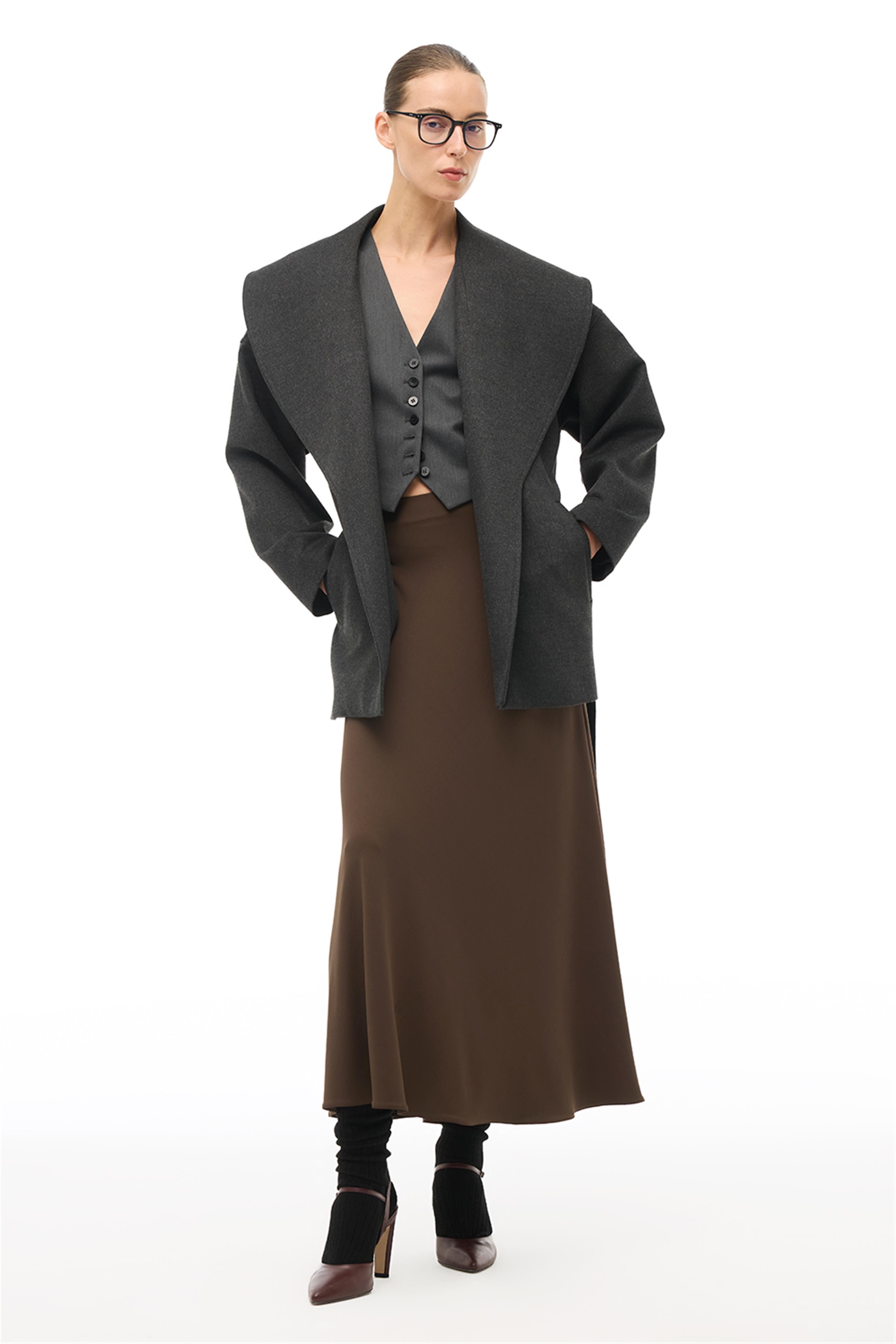 Antrasit Şal Yaka Kuşaklı Kaban