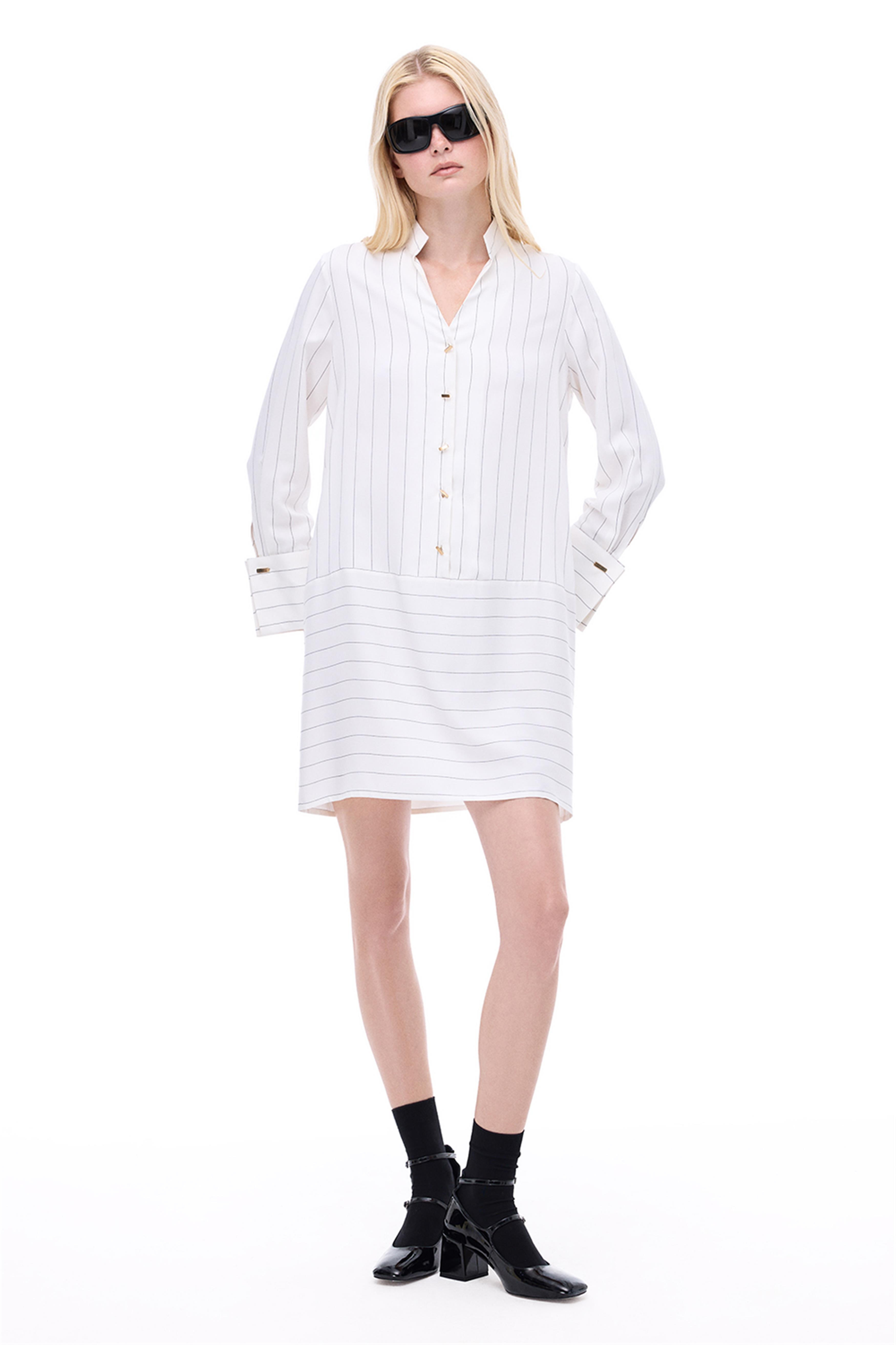 Aponias Rahat Kalıp Çizgili Desen Diz Üstü Takma Kol Gömlek Yaka Ekru Elbise