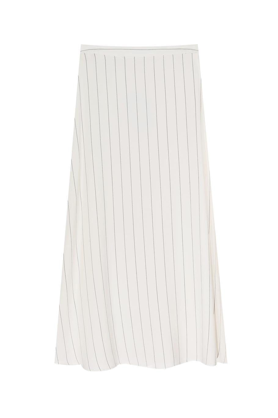 Aponias Regular Fit Çizgili Desen Diz Üstü Ekru Etek