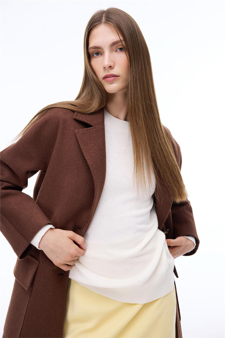 Arlines Rahat Kalıp Takma Kol Erkek Yaka Kahverengi Renk Kadın Kaban